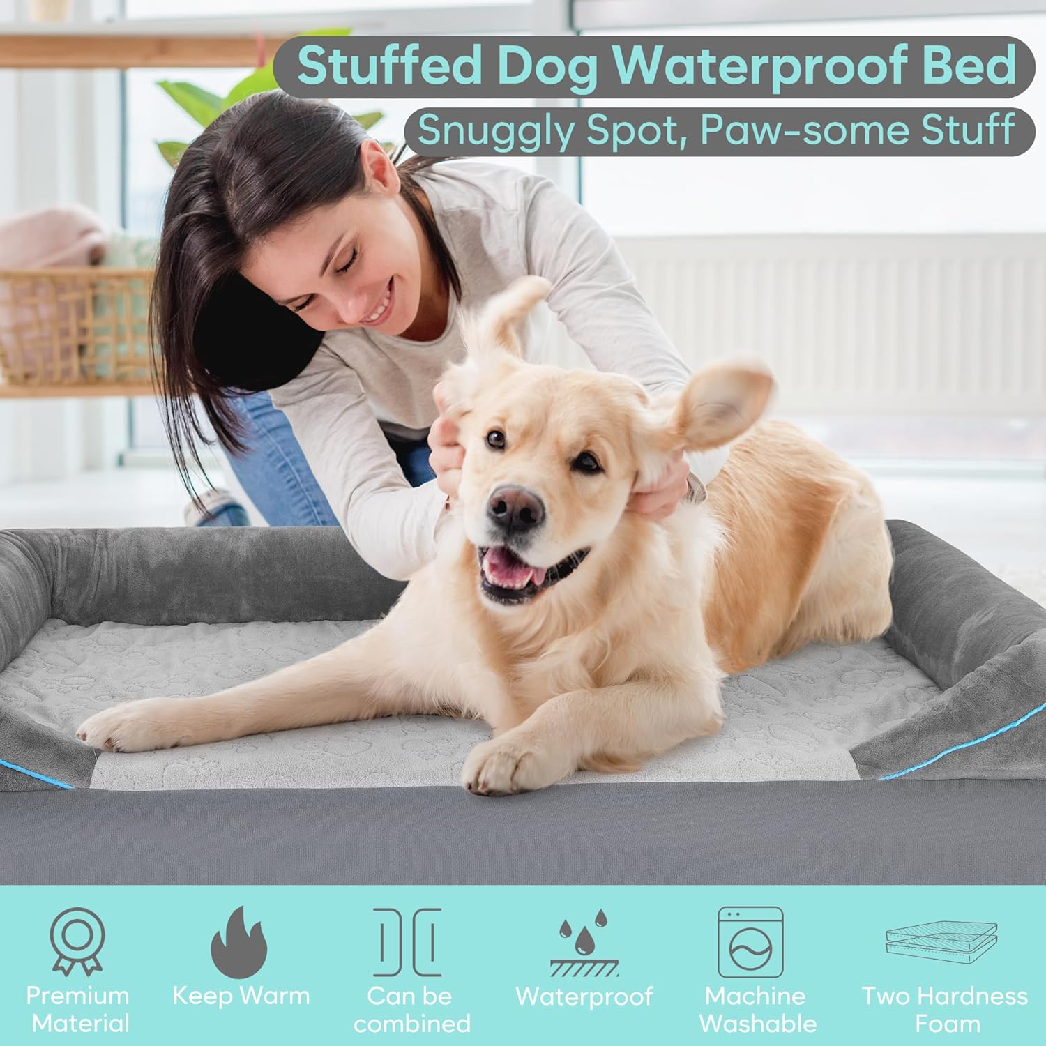 Cama mediana para perros lavable, impermeable, espuma viscoelástica ortopédica de 35 x 23 x 6.5 pulgadas