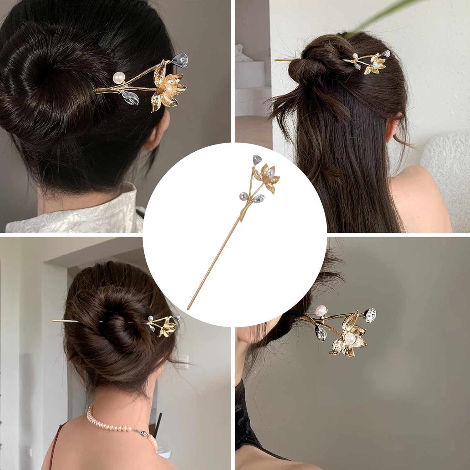 Palillos dorados para el cabello para mujer, palillos de pelo para cabello largo, elegante decoración de loto, ideales para impresionantes updos y