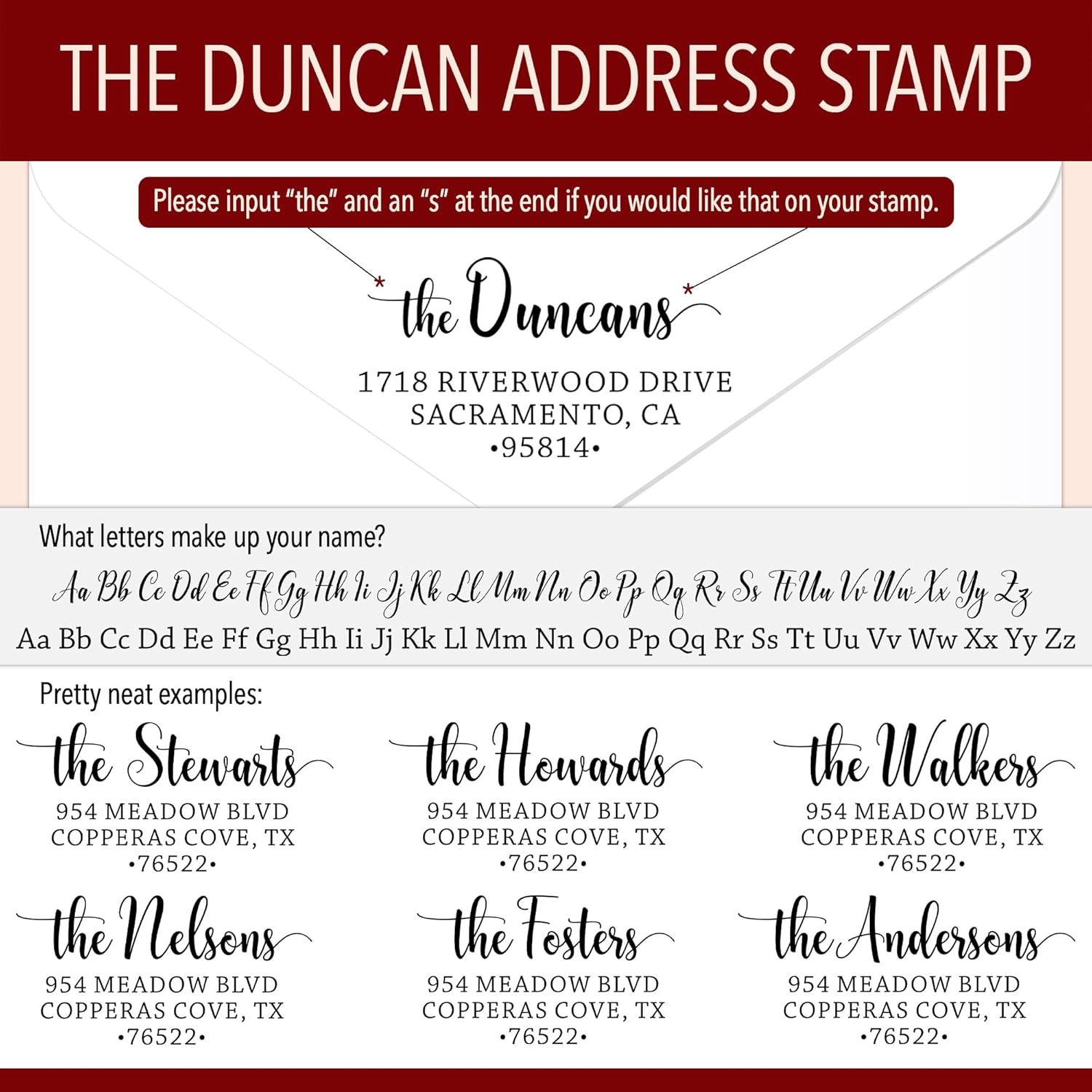 Sello de dirección y tinta autoentintado personalizado de The Duncans con nombre, sellos de dirección personalizados para parejas, sello de