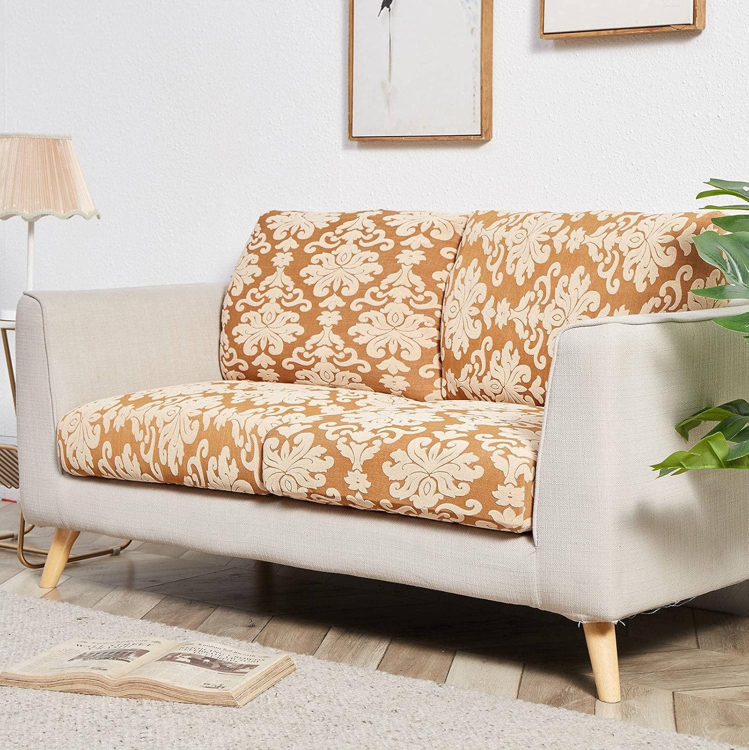 Fundas de cojín para sofá, fundas elásticas de cojín de sofá de jacquard de damasco, funda de cojín para sofá, protector de muebles, champán, 2