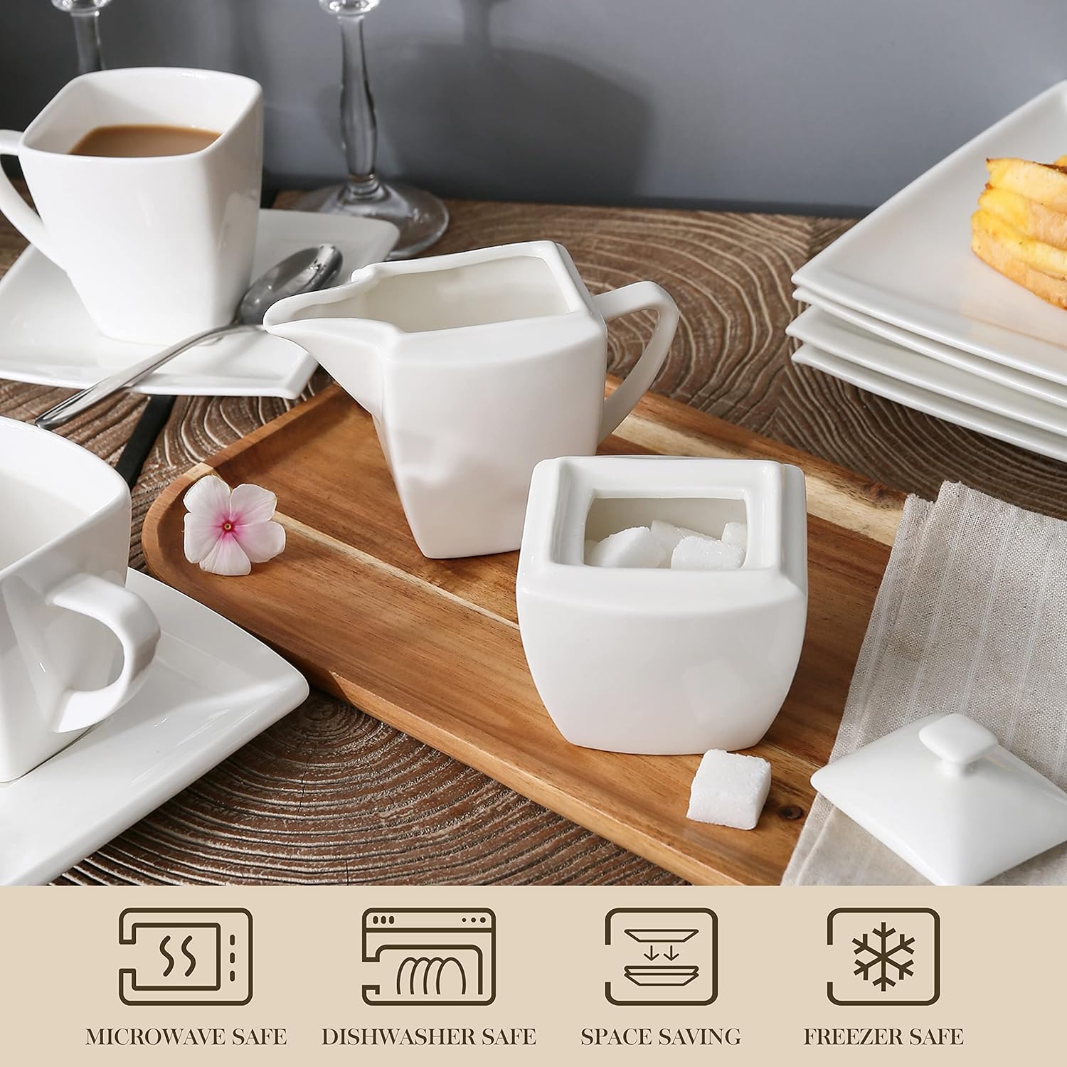 MALACASA Juego de azúcar y crema, juego de porcelana blanca para café, té y leche, jarra de leche de 1 pieza y 1 juego de azucarera con tapa, serie