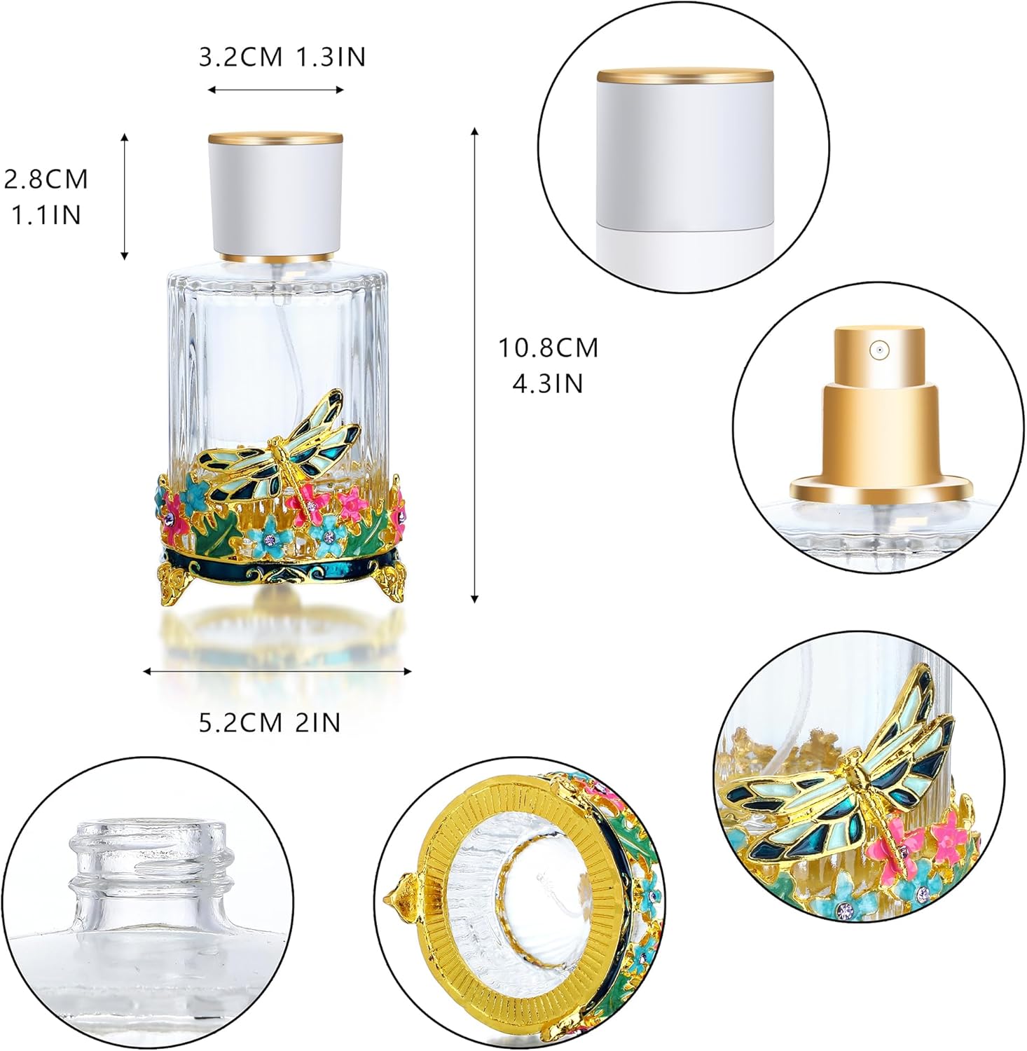 YU FENG Botella de perfume vacía de vidrio con libélula decorativa retro recargable portátil ligero recipiente de líquido de vidrio botella