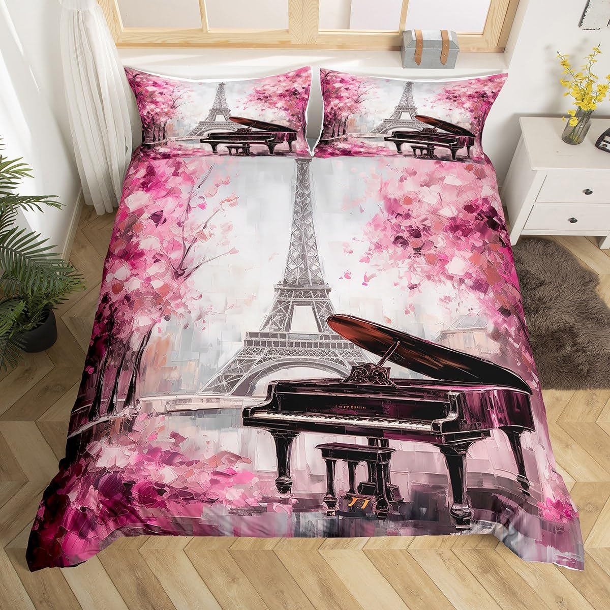 Juego de funda de edredón de la Torre Eiffel tamaño Queen para niñas y adolescentes, juego de ropa de cama con diseño de flores de cerezo rosa,