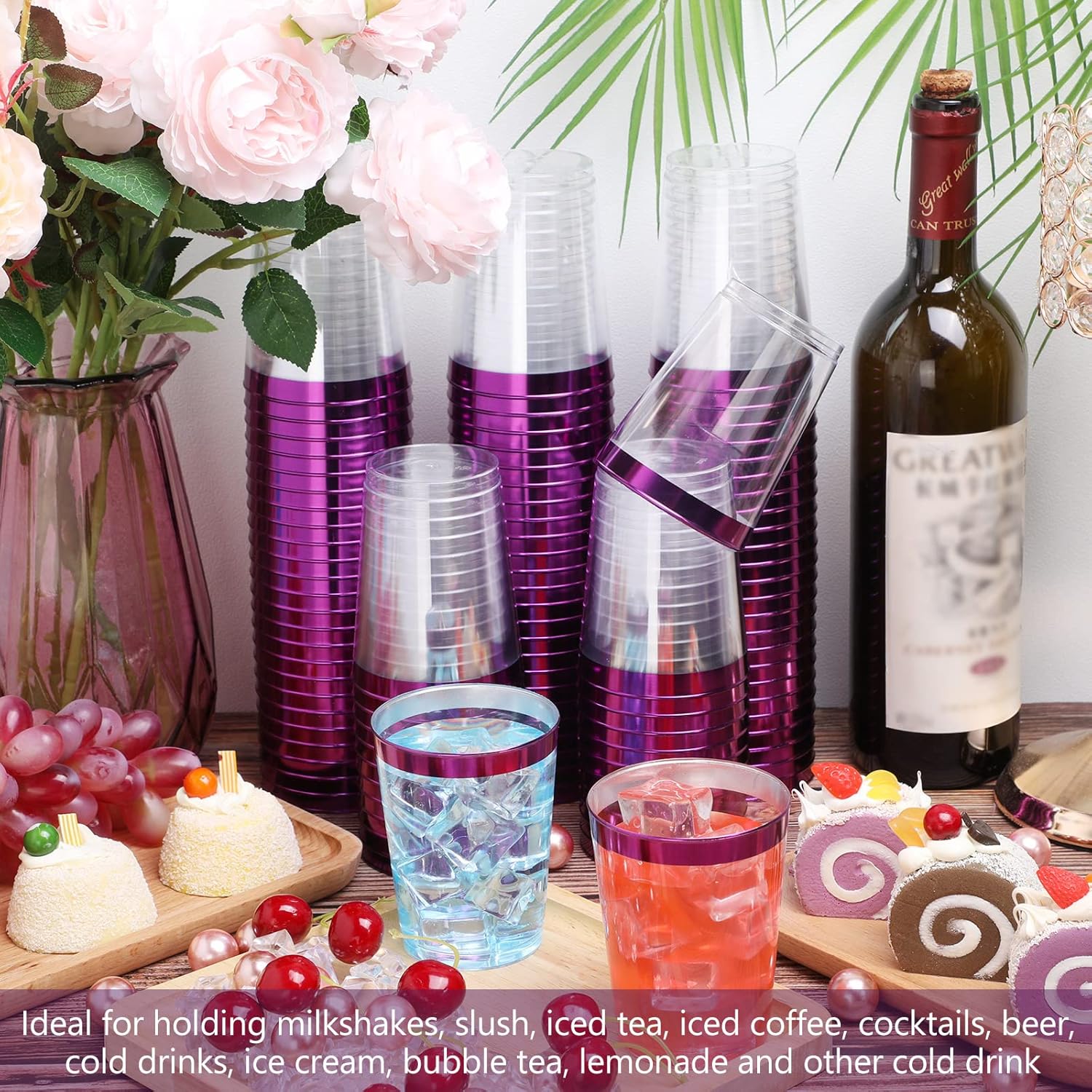 Gerrii 100 vasos de plástico transparente de 10 onzas, vasos de plástico con bordes, vasos desechables elegantes para fiestas, para bodas, día de