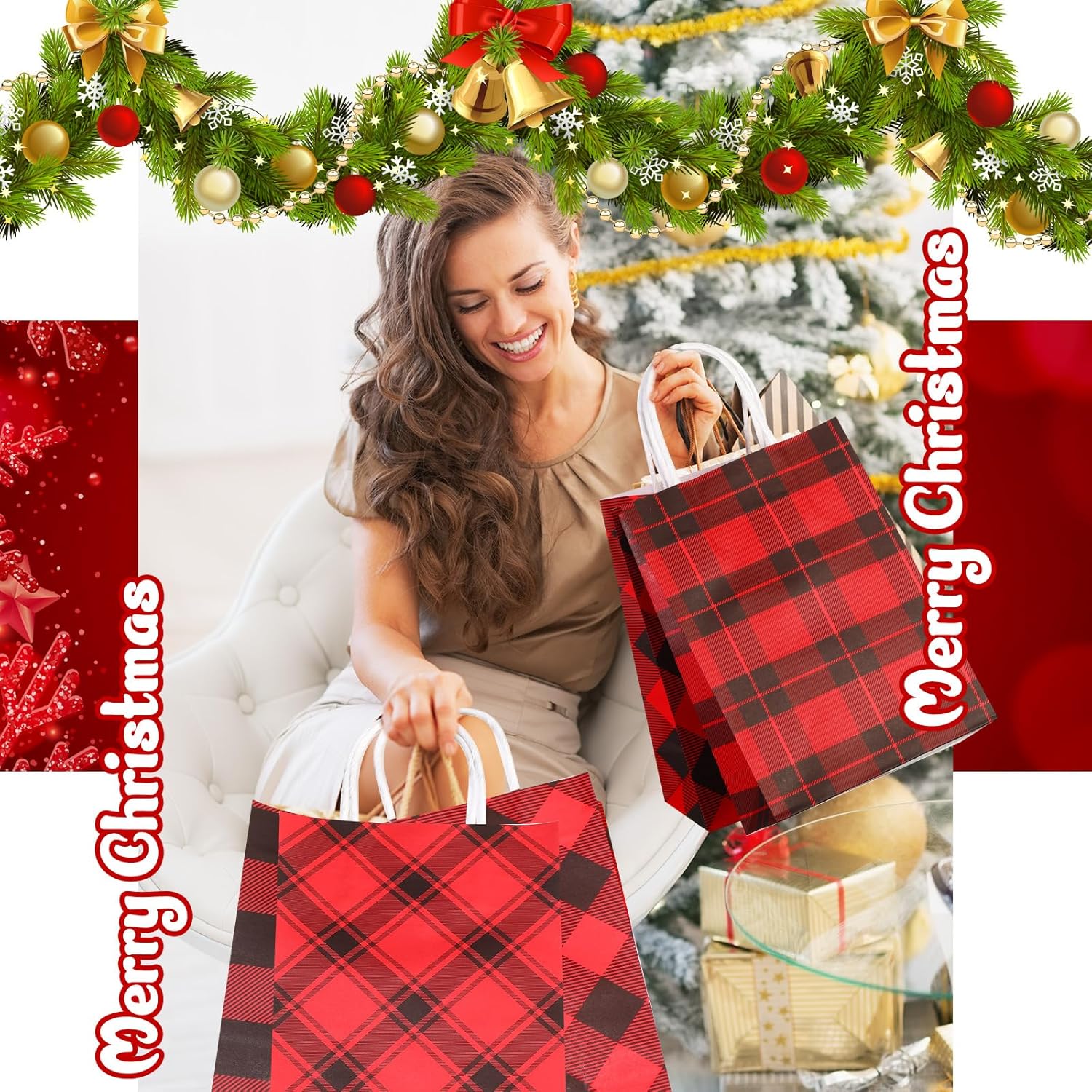 Zhanmai 120 bolsas de regalo de Navidad, color negro y rojo, bolsas de papel kraft de búfalo a cuadros, bolsa de papel kraft de Navidad, bolsas de