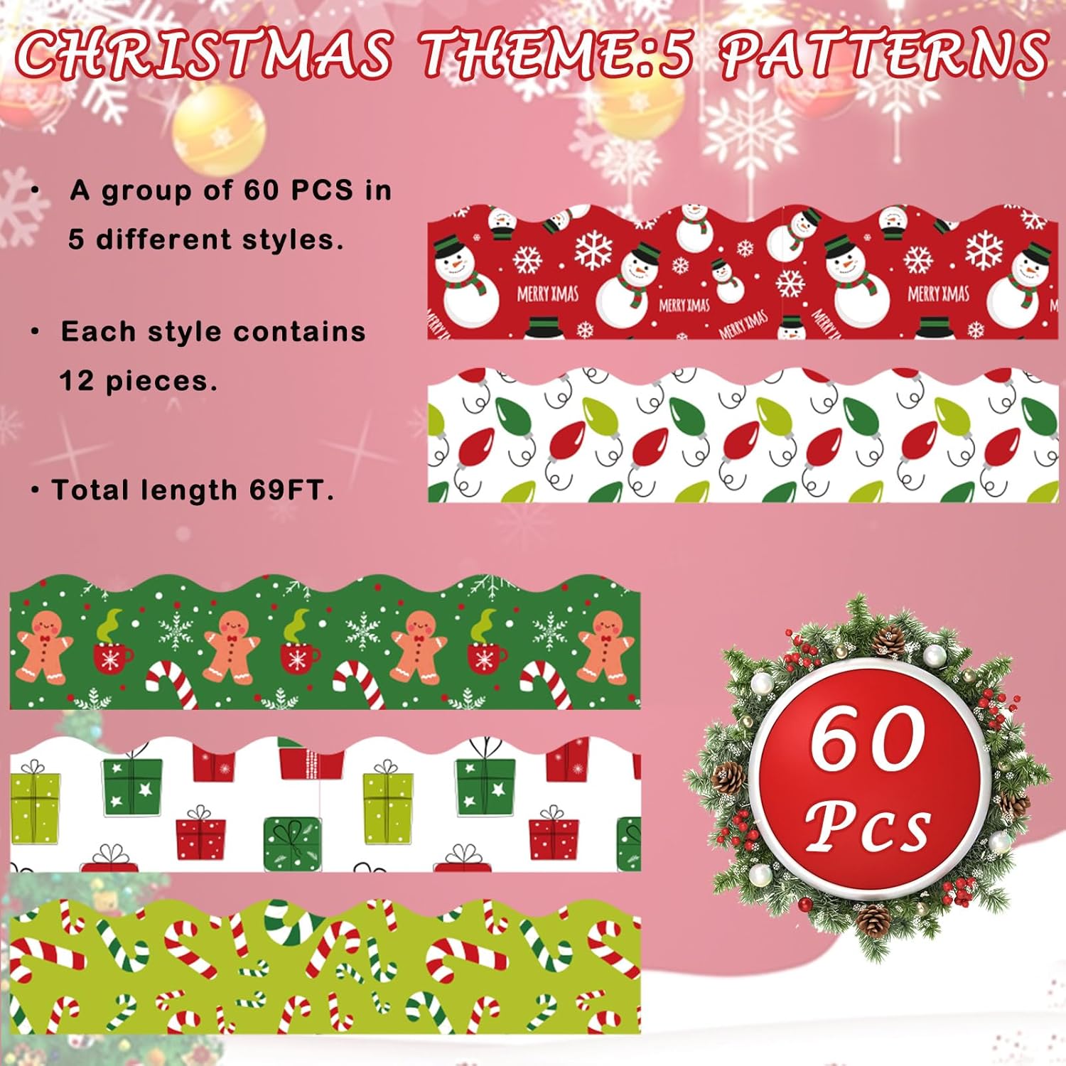 Whaline Bordes de tablón de anuncios de Navidad de 69 pies, muñeco de nieve, hombre de jengibre, caramelo, bulbo autoadhesivo, para decoración de