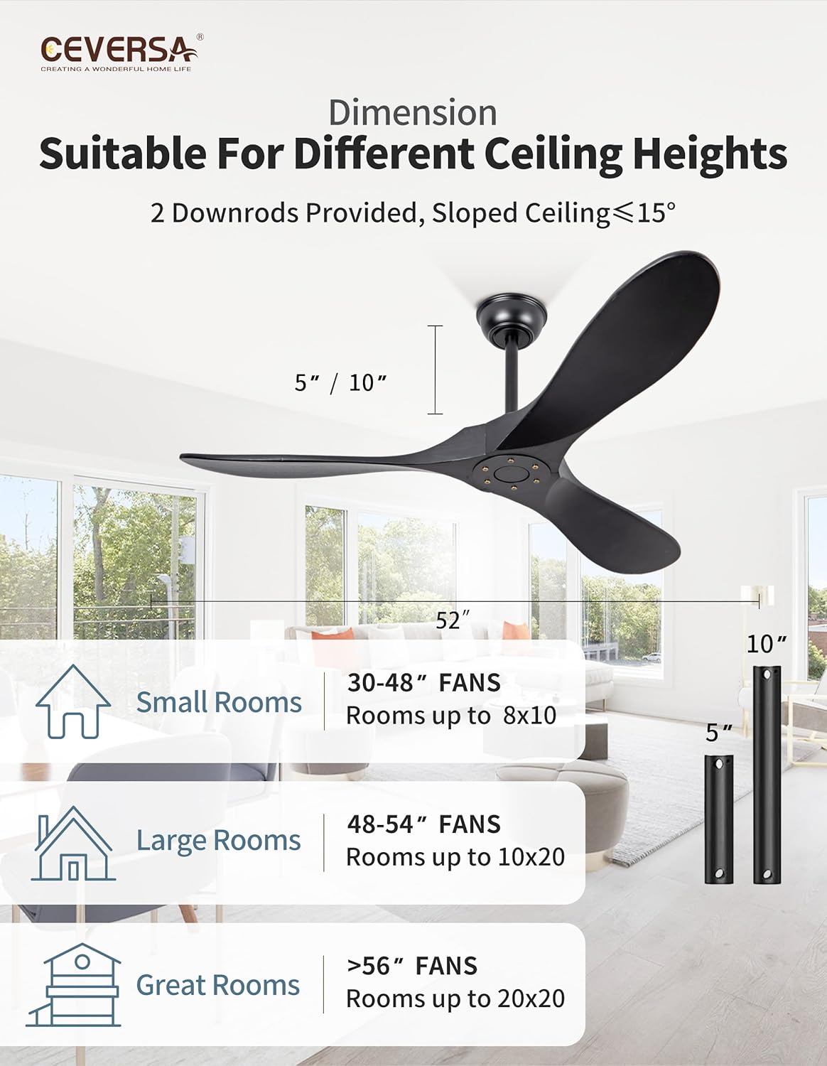 Ceversa Ventilador de techo con luces y control remoto, sin luces, 3 aspas de madera de 52 pulgadas, ventiladores de techo para interiores y
