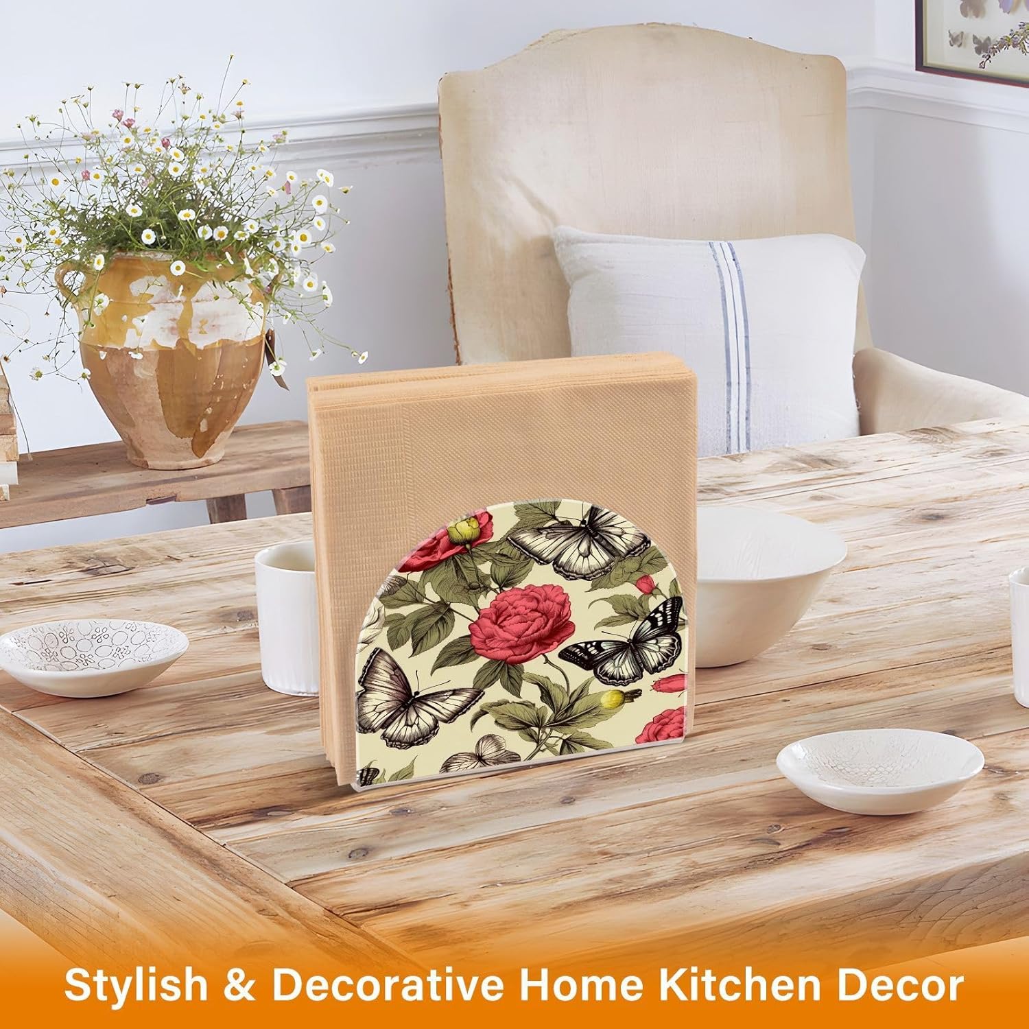 Napkin Holder Vintage Butterfly Floral Napkin Holders for Tables, Clear Acrylic Napkin Holders Cocktail Napkin Holder for Kitchen Restaurant Bar