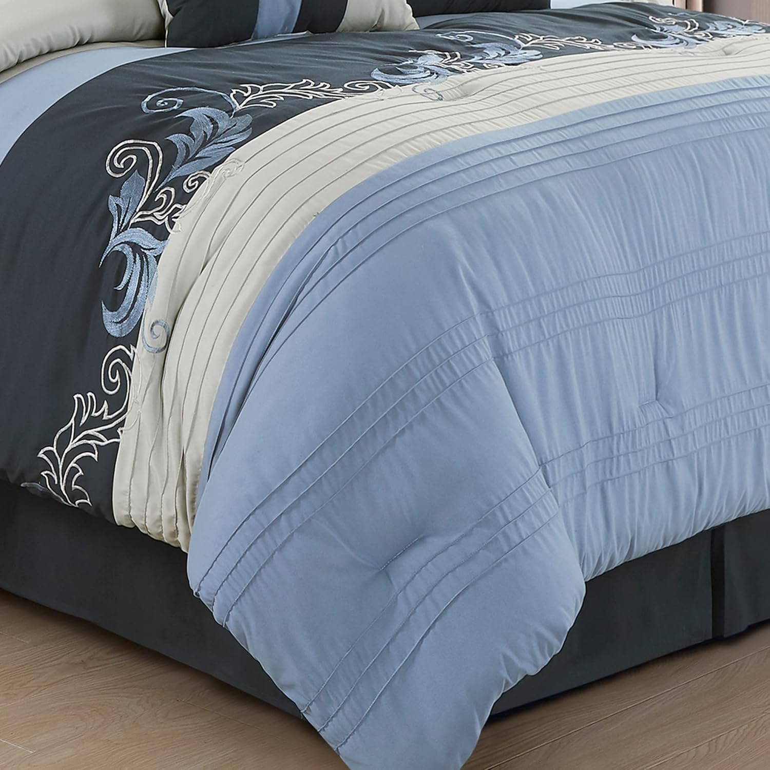 Chezmoi Collection – Juego lujoso de edredón de 7 piezas Napa con bordado de hojas de otoño (tamaño California King, color azul marino, azul y gris)