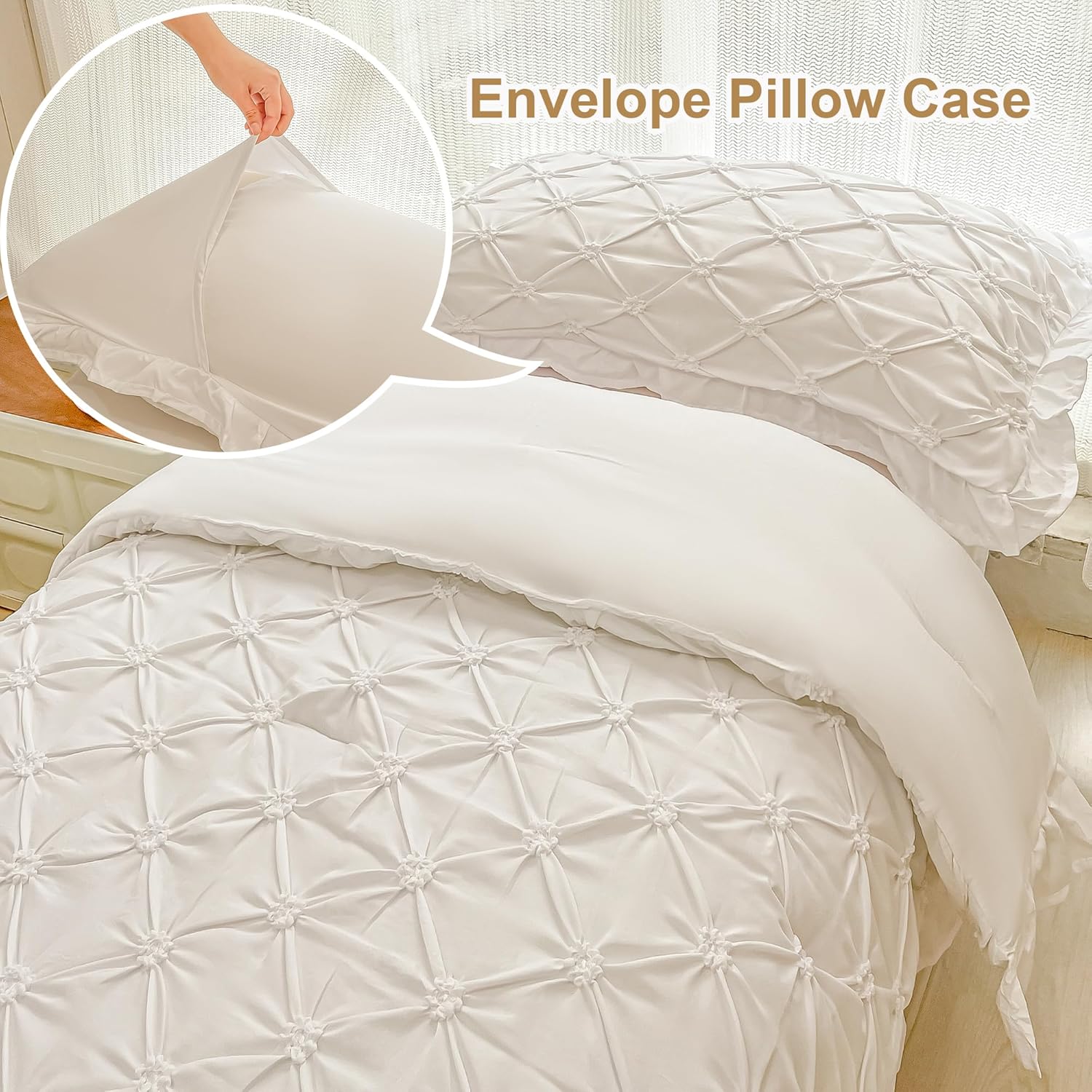 VIVILINEN Juego de ropa de cama para niñas pequeñas de 4 piezas con pliegues de color blanco fruncido floral 3D con diseño de pintuck para bebés y