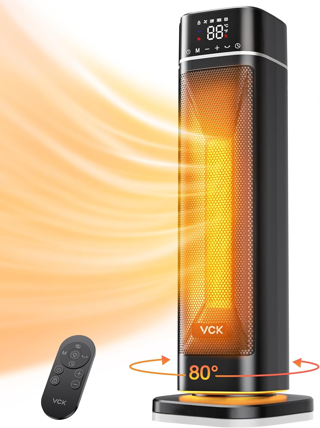 VCK – Calentador de espacio, calentador eléctrico portátil de 24 pulgadas, 12 piess con control remoto, luz nocturna, oscilación de 80, 4 modos,