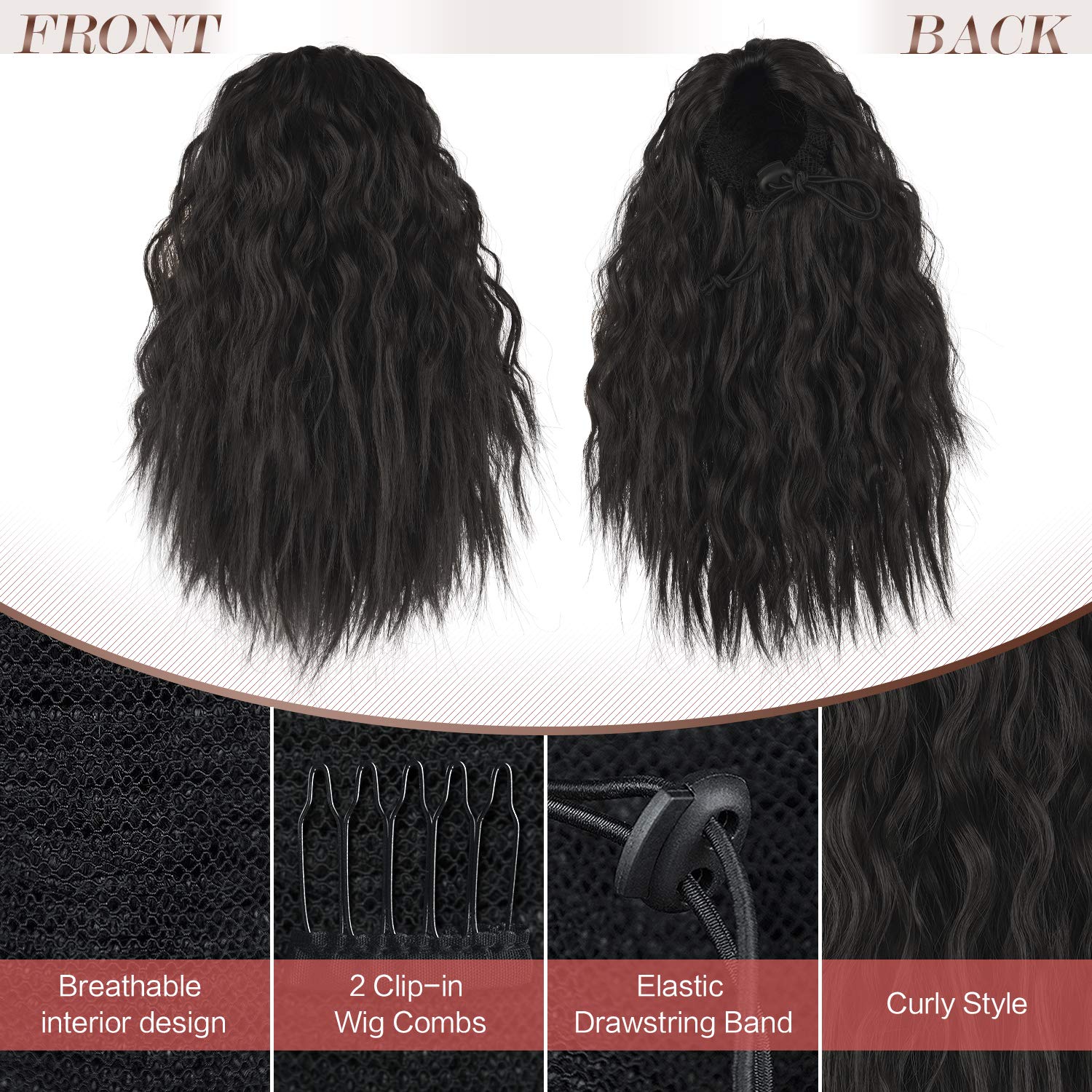 PEACOCO Cola de caballo corta con ondas de maíz, extensión de cola de caballo con cordón para mujeres negras con clip (14 pulgadas (paquete de 1),