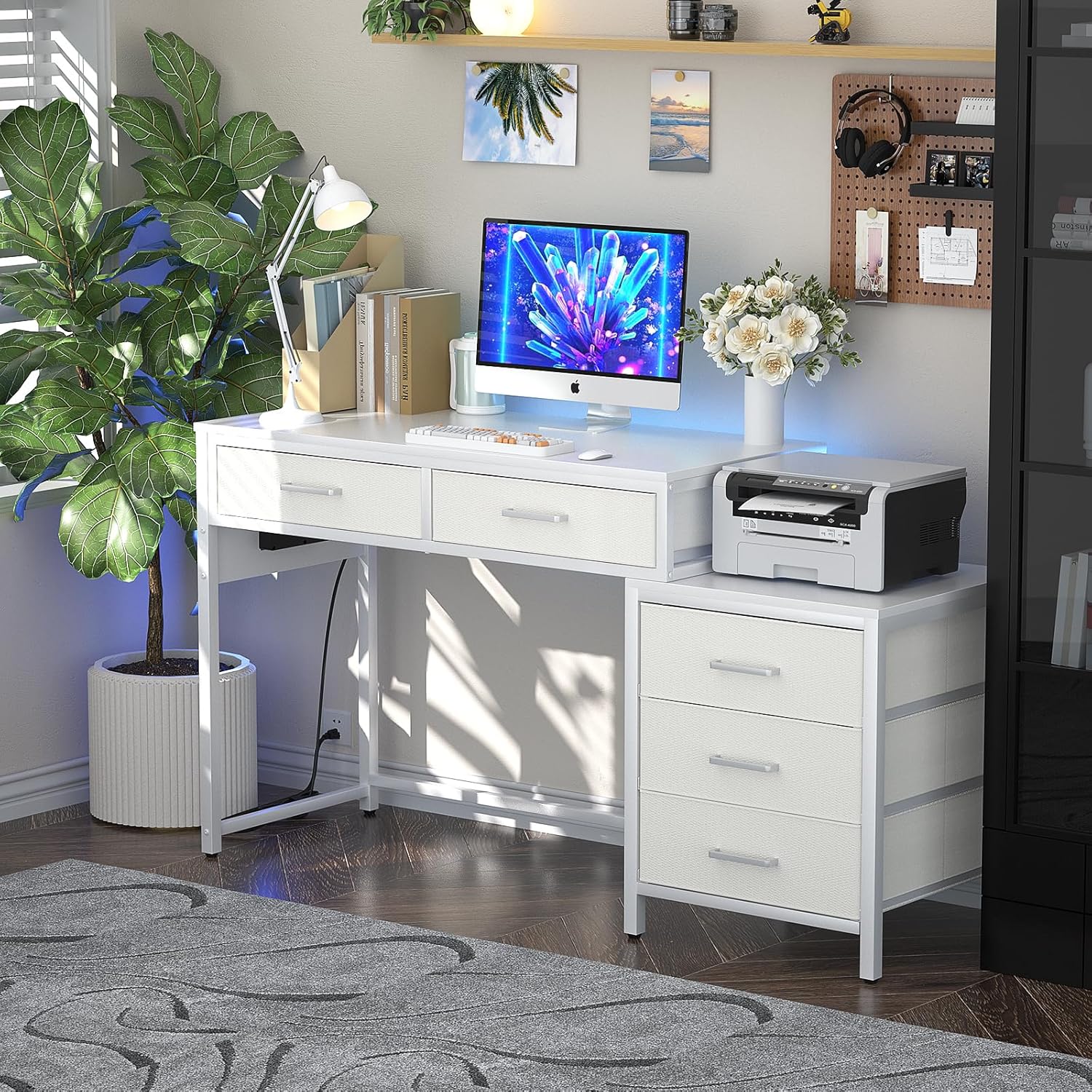 Escritorio para computadora con 5 cajones, escritorio de oficina reversible con tomas de corriente y puertos de carga USB, mesa de escritura