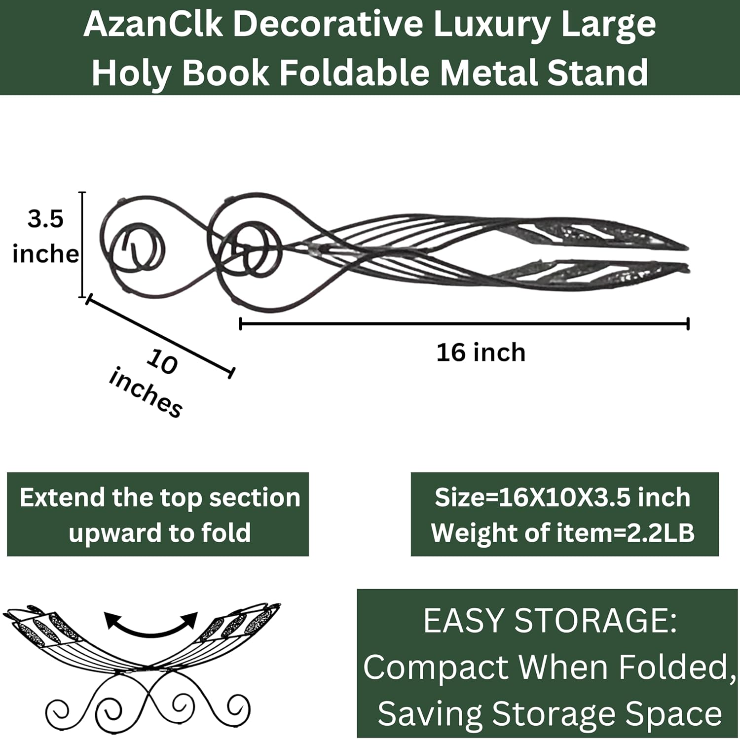 AzanClk Soporte decorativo de metal para libros de texto grandes, Biblia, Corán, Geeta y otros libros sagrados o revistas (negro)