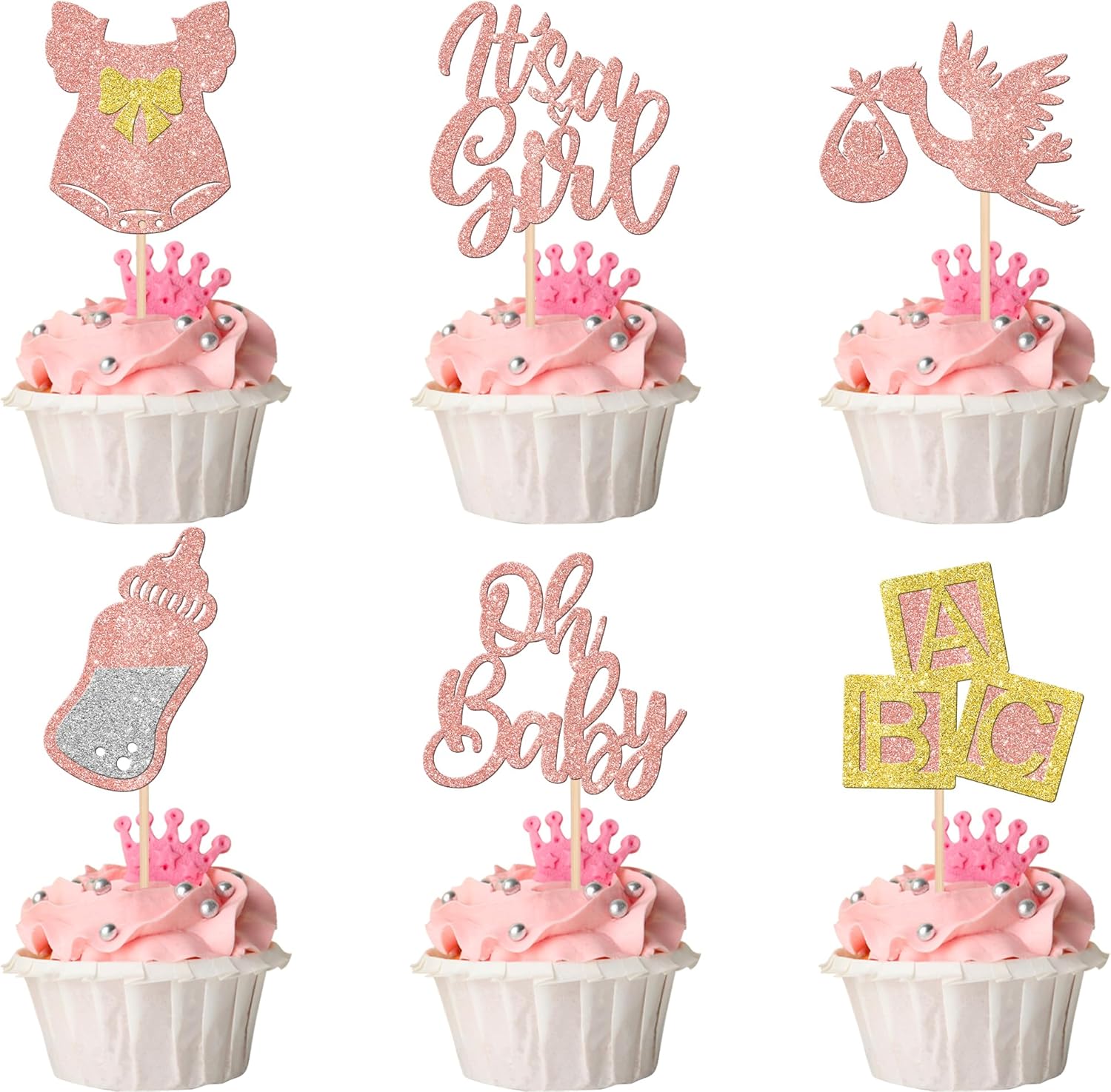 30 piezas de decoración de cupcakes para baby shower, vestido con lazo con purpurina, biberón para cupcakes “It’s a Girl”, decoración de pasteles