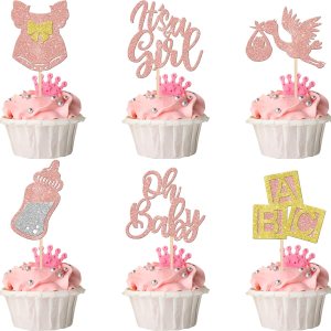 30 piezas de decoración de cupcakes para baby shower, vestido con lazo con purpurina, biberón para cupcakes “It’s a Girl”, decoración de pasteles 30 piezas de decoración de cupcakes para baby shower, vestido con lazo con purpurina, biberón para cupcakes “It’s a Girl”, decoración de pasteles
