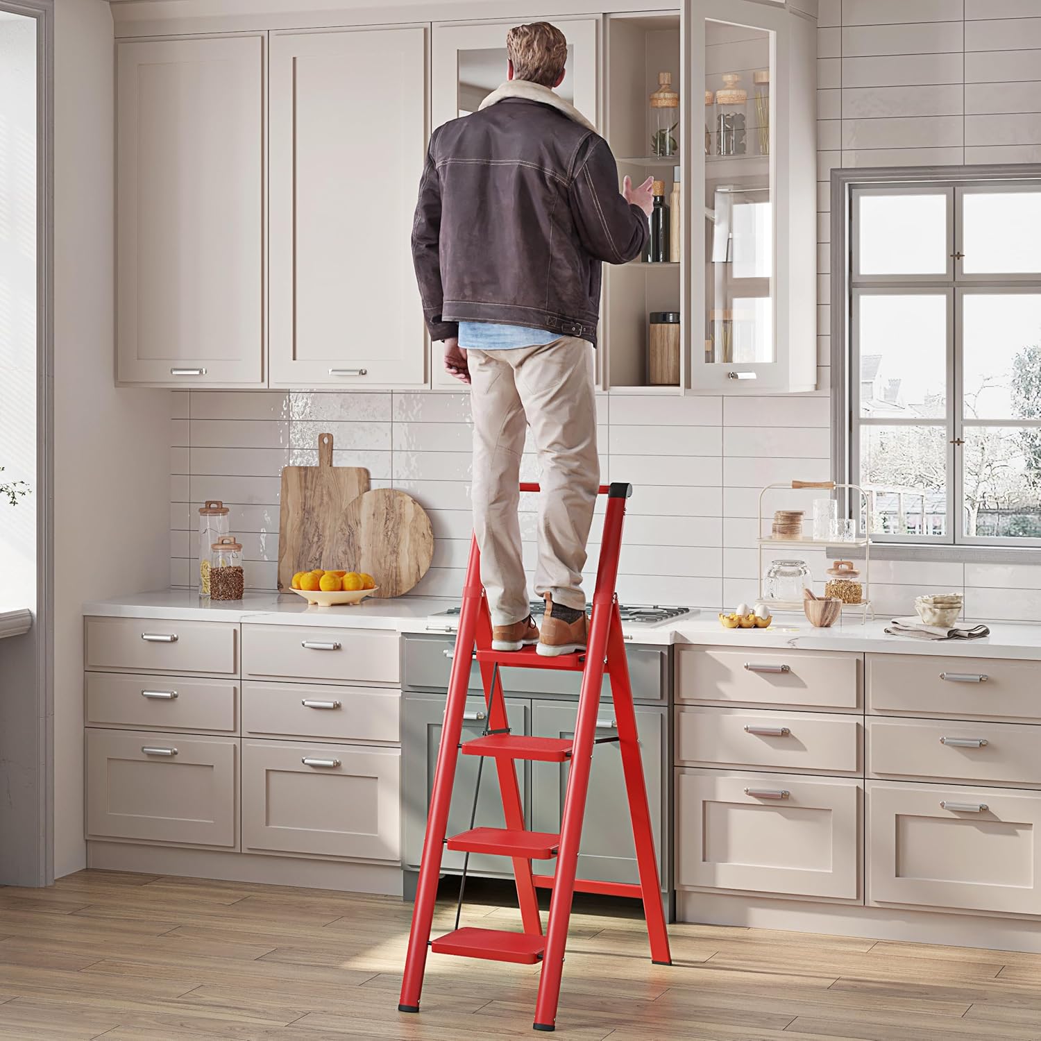 JOISCOPE Escalera de 4 escalones, taburetes plegables para adultos con pedal antideslizante ancho, escalera de acero ligera y resistente de 600
