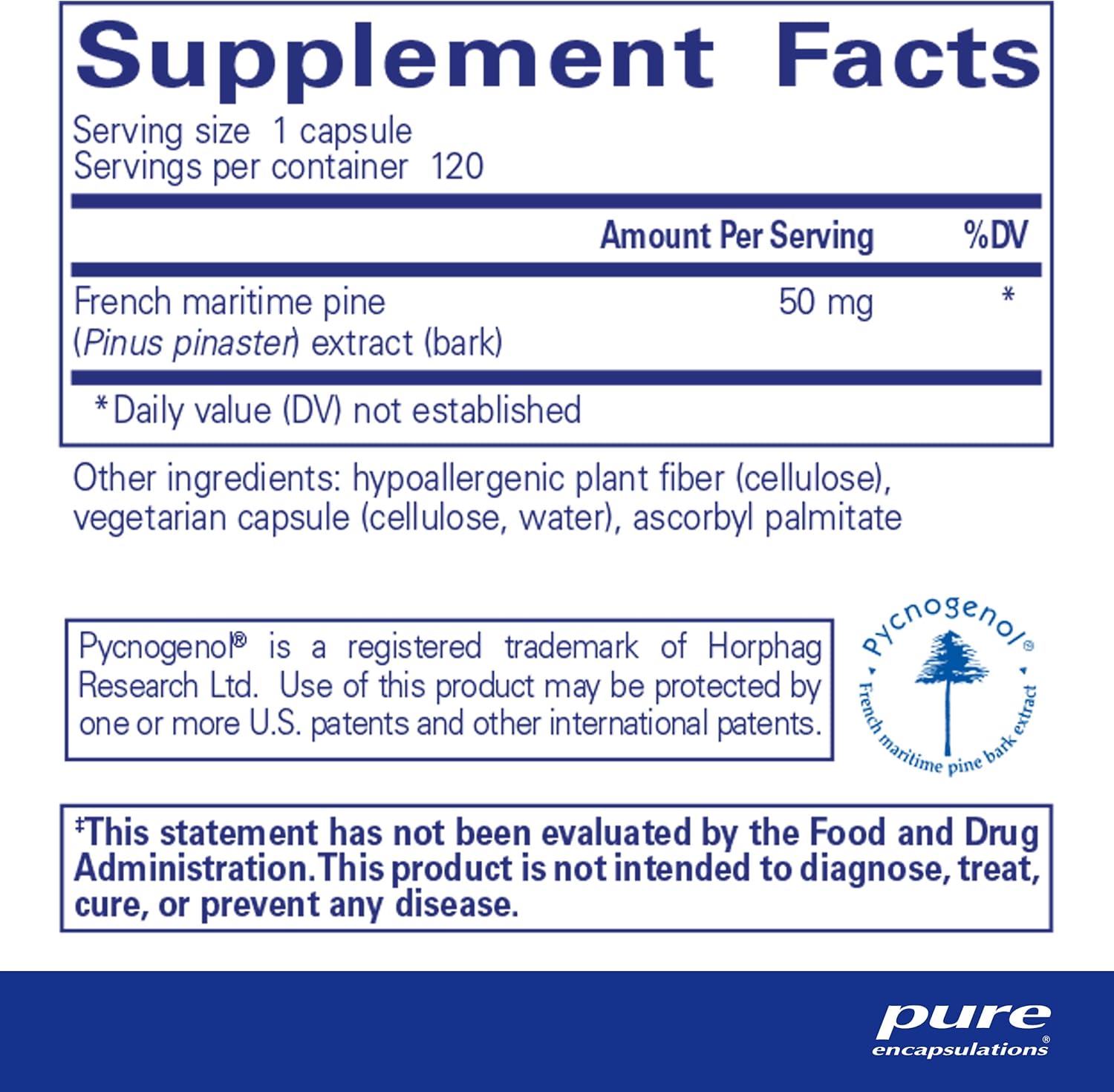 Pure Encapsulations Pycnogenol (extracto de corteza de pino) 50 mg  Suplemento hipoalergénico para apoyar la función cognitiva y la salud