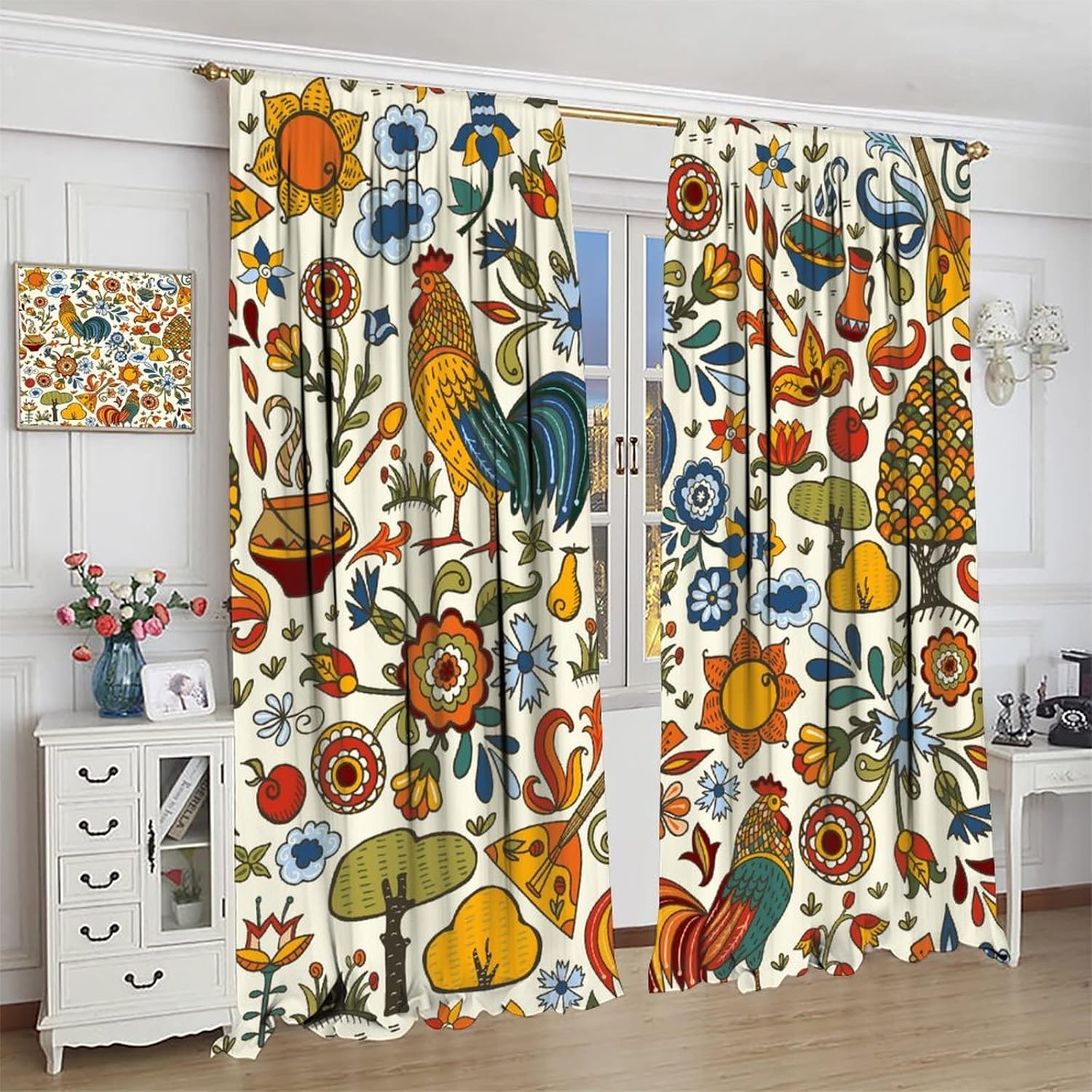 Cortinas de ventana de pollo, ventanas de cocina, sala de estar, dormitorio, cafetería, gallo de granja, pollo, girasol, estilo pastoral, flores y