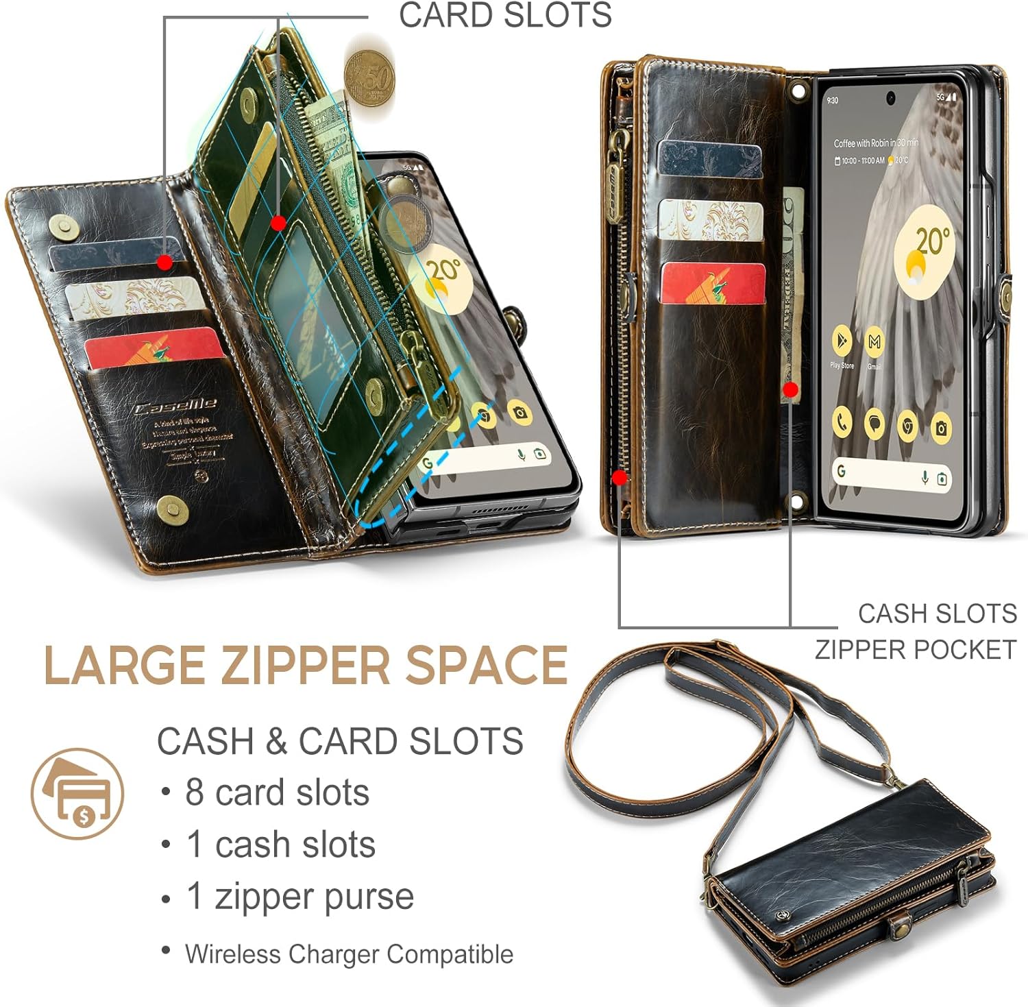 ASAPDOS Google Pixel Fold Case Wallet 2023, correa de piel sintética retro con cierre magnético, bloqueo RFID tarjetero y soporte para hombres y