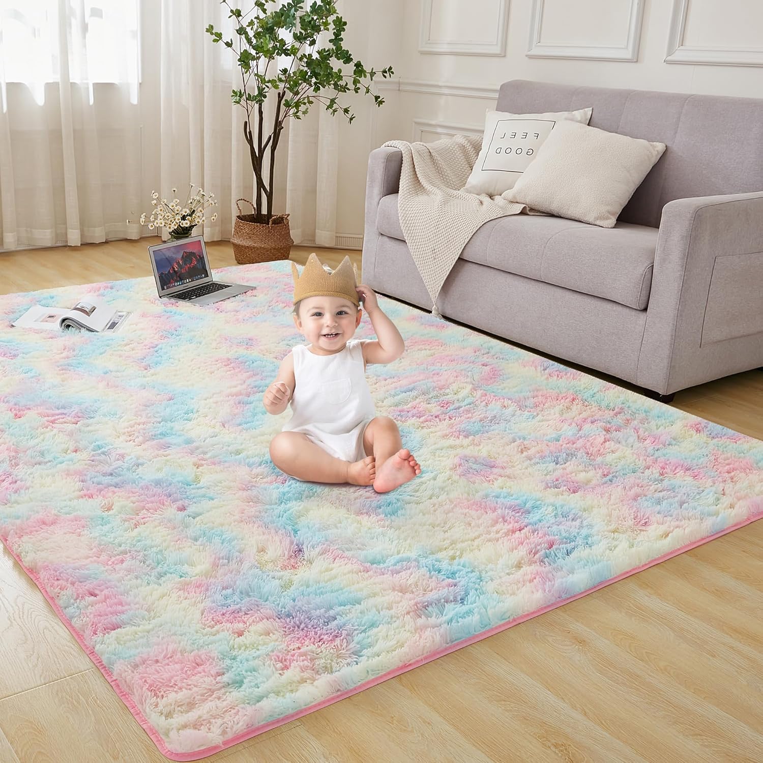 Andency Alfombra grande de color arcoíris para niñas, sala de estar, 6 x 9 pies, acogedora, esponjosa, suave, antideslizante, duradera, rectangular,