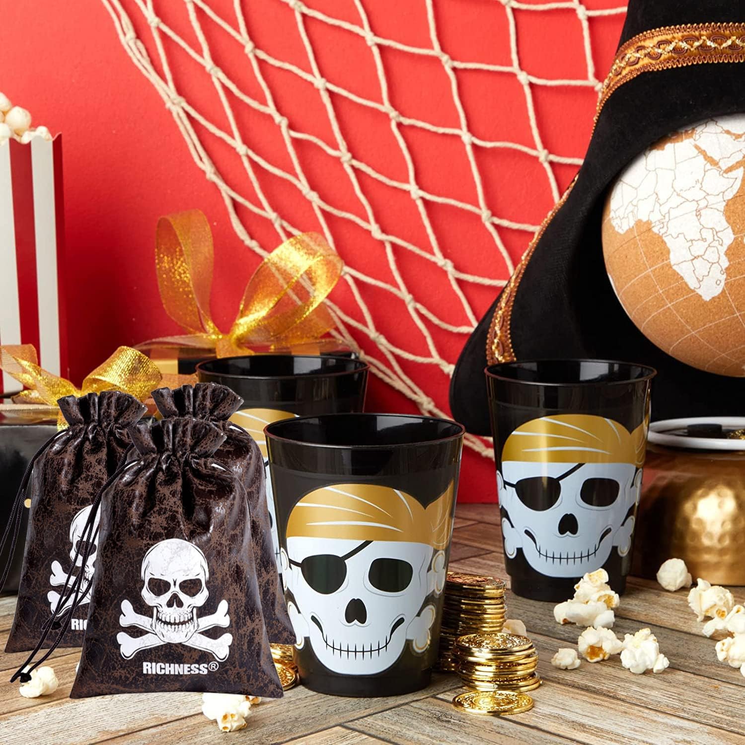 RICHNESS Bolsas de botín pirata con cordón de 4.5 x 6.5 pulgadas, piel de vaca sintética, bolsas de tesoro pirata para recuerdos de fiesta pirata,