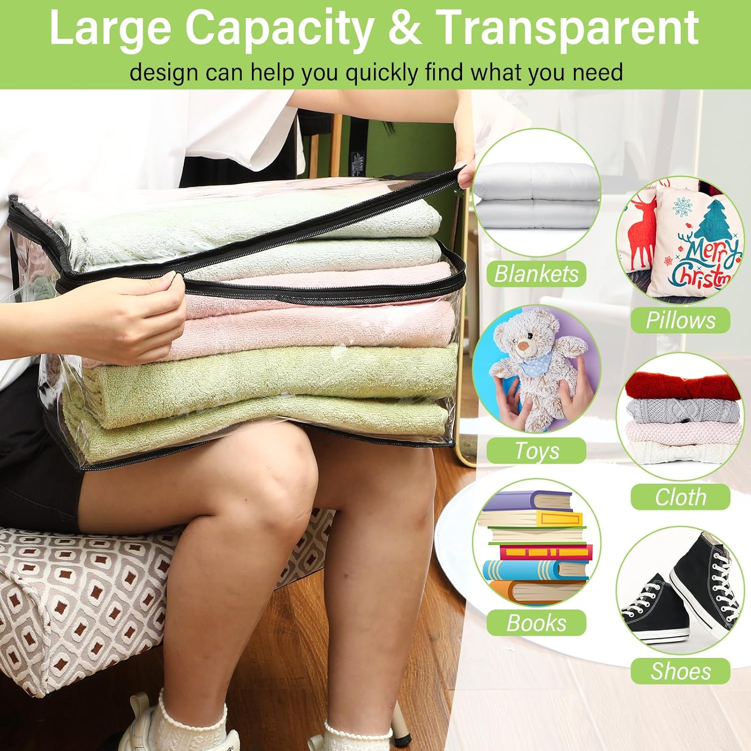 Paquete de 16 bolsas de almacenamiento de vinilo transparente con cremallera y asa de 16 x 12 x 8 pulgadas, manta, ropa, suéter, almohada, juguetes,