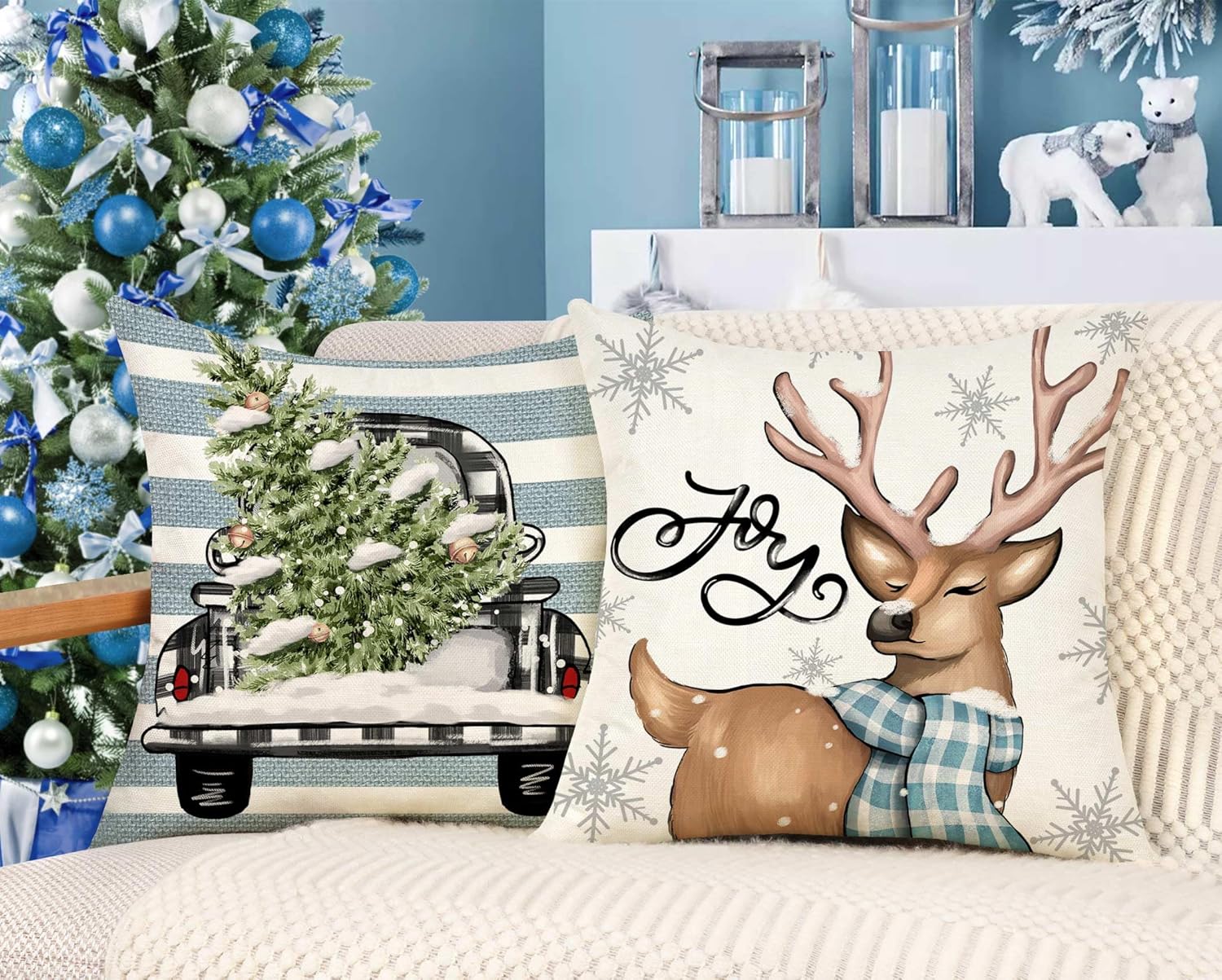 4TH Emotion Juego de 4 fundas de almohada navideñas de 18 x 18 pulgadas, decoración navideña de granja, muñeco de nieve, reno, eucalipto, camión,