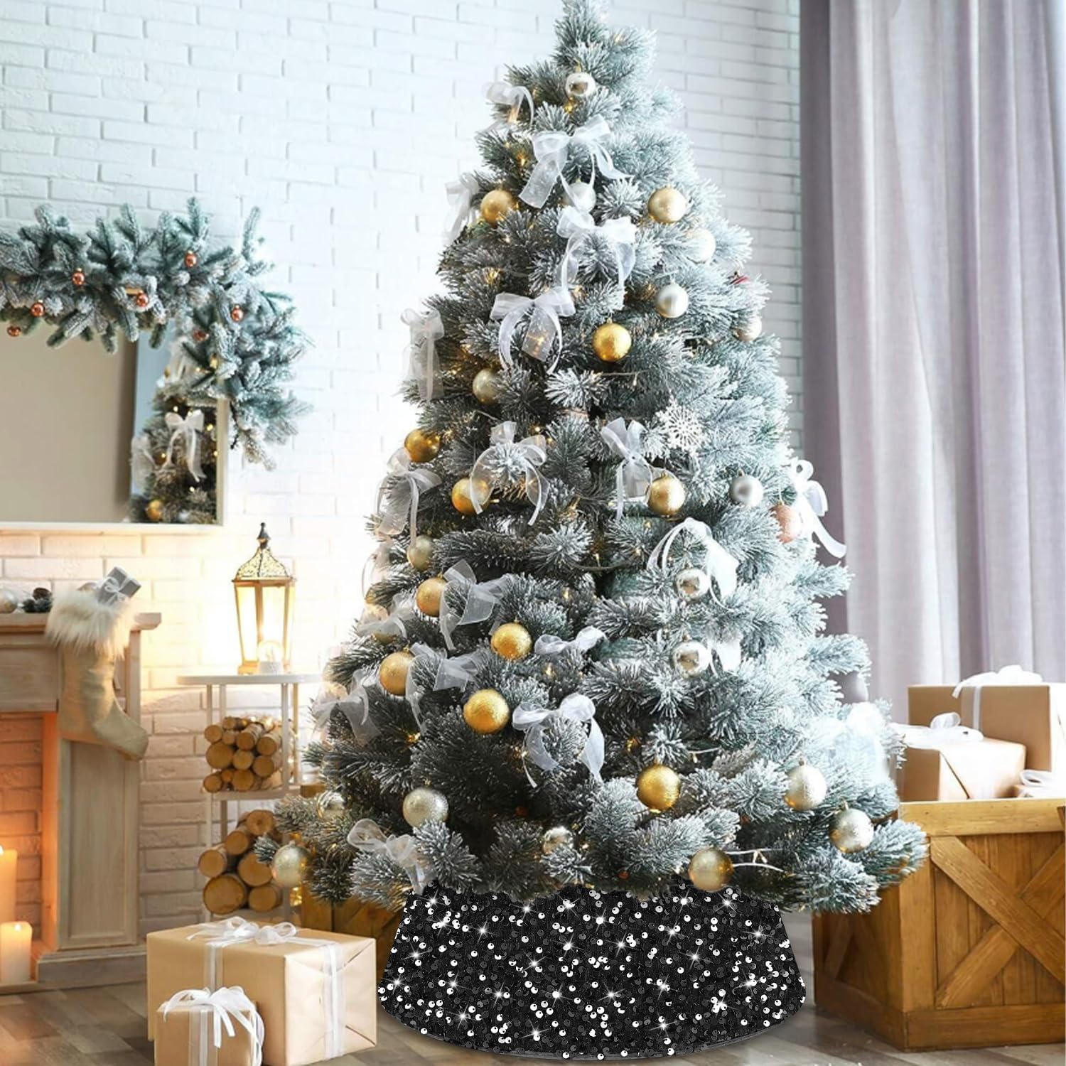 Collar de árbol de Navidad, falda de árbol de lentejuelas negras de 24 pulgadas, faldas de árbol de Halloween para árboles artificiales, anillo de