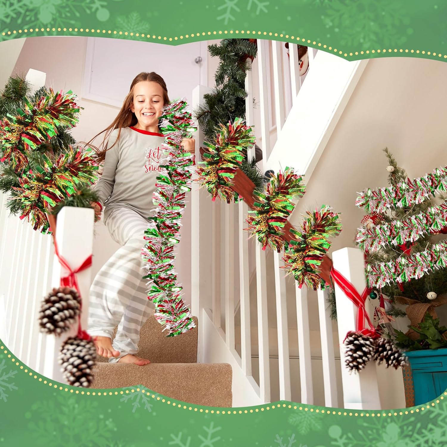 Guirnalda de oropel de Navidad de 131 pies, guirnalda metálica para árbol de Navidad, ornamentos colgantes de techo de papel de aluminio,