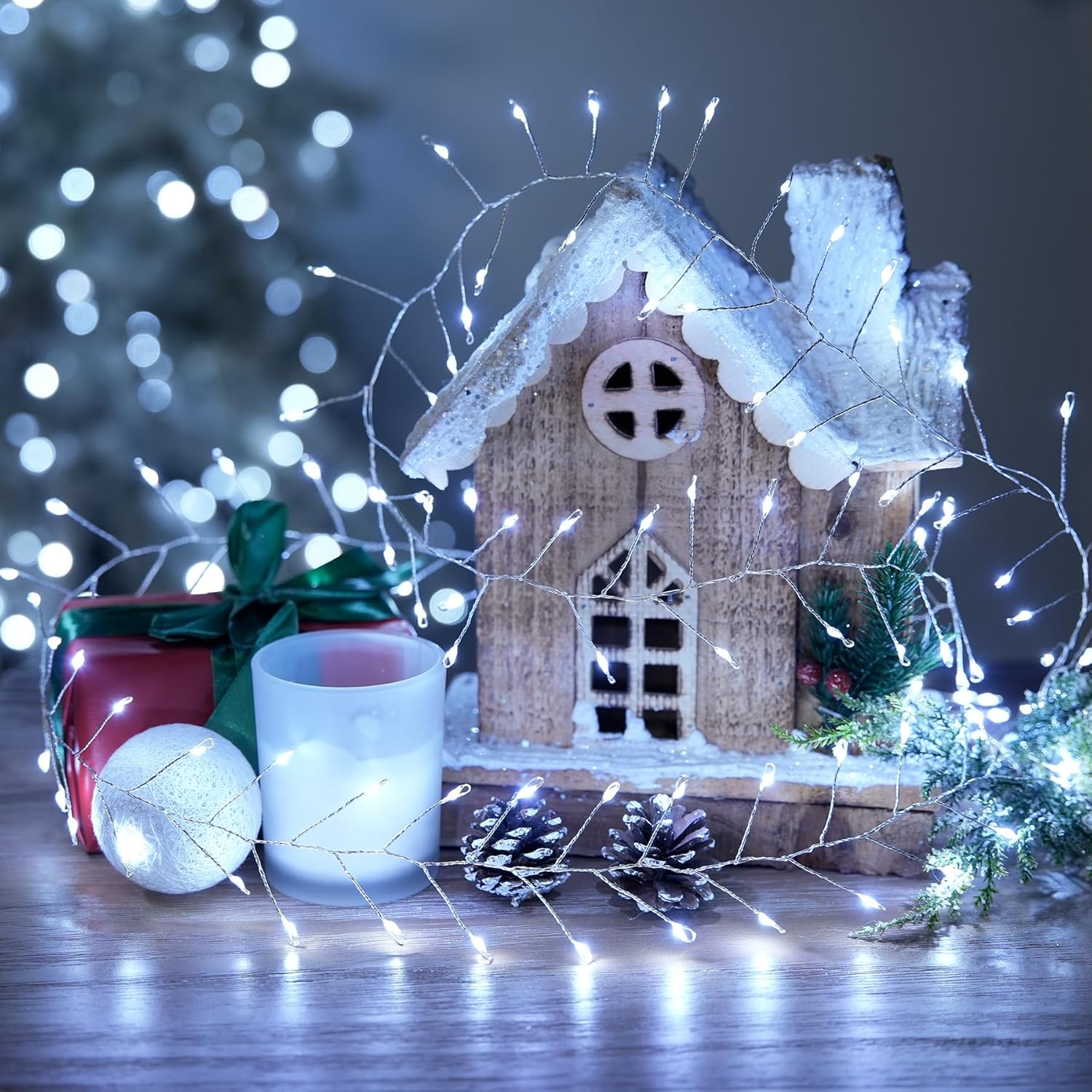 JMEXSUSS Guirnalda de luces enchufables con control remoto, 10 pies, 200 luces blancas y cálidas de Navidad, guirnalda de luces para árbol, corona,