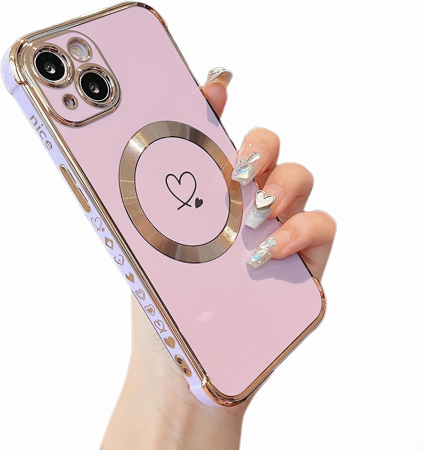 ZTOFERA Funda magnética para iPhone 15 Plus compatible con MagSafe, bonita funda con patrón de corazones de amor chapado para mujeres y niñas, funda