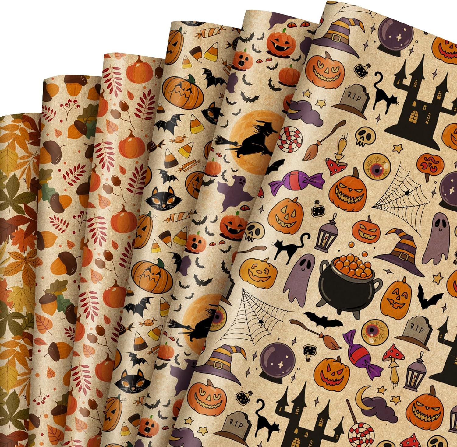 Whaline 12 hojas de papel de estraza para Halloween, otoño, calabaza, fantasma, bruja, hoja de arce, 6 diseños, cosecha de otoño, papel de regalo