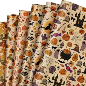 Whaline 12 hojas de papel de estraza para Halloween, otoño, calabaza, fantasma, bruja, hoja de arce, 6 diseños, cosecha de otoño, papel de regalo Whaline 12 hojas de papel de estraza para Halloween, otoño, calabaza, fantasma, bruja, hoja de arce, 6 diseños, cosecha de otoño, papel de regalo