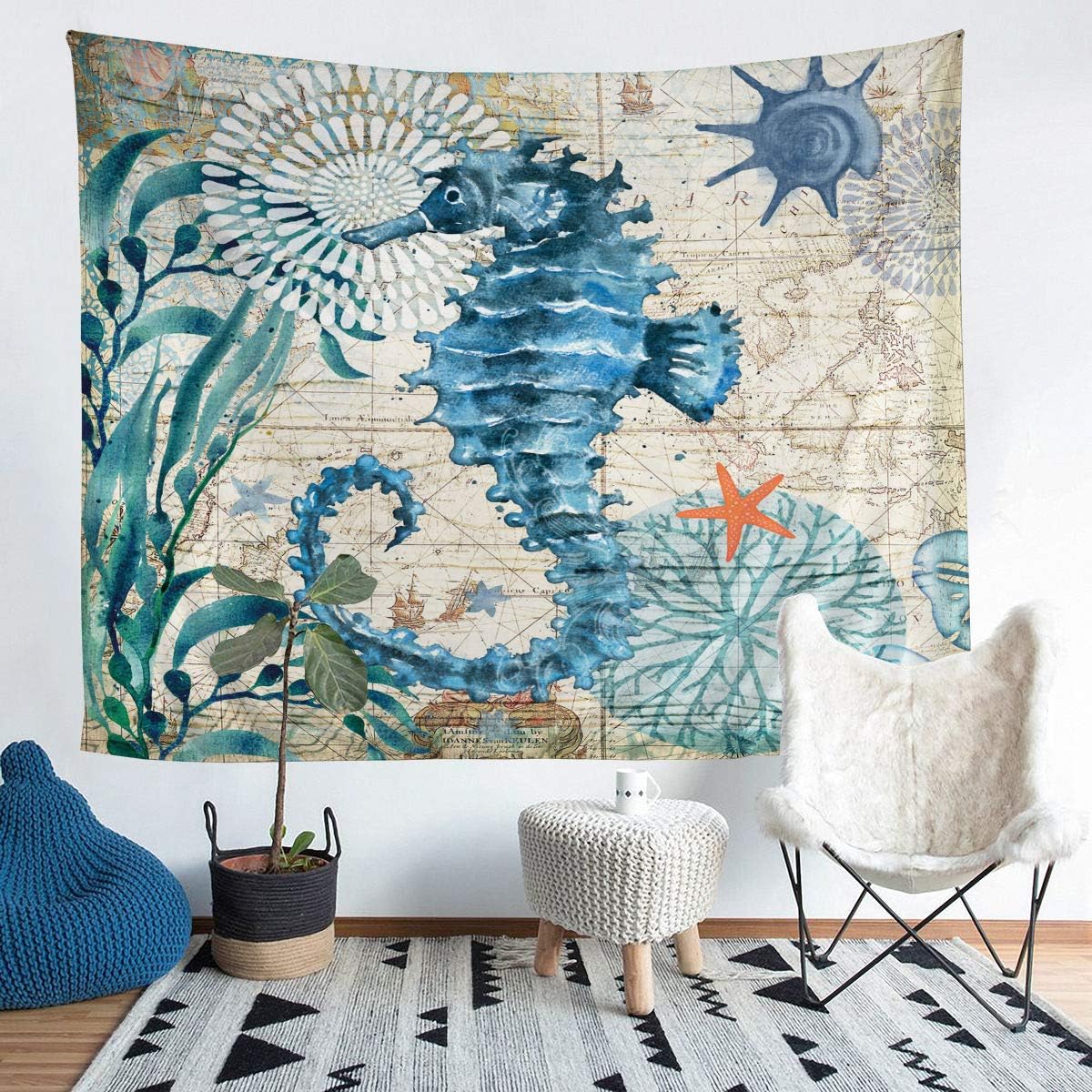 Tapiz de animales marinos, tapiz de caballito de mar, mandala bohemio para colgar en la pared, decoración de pared, tapiz de criaturas marinas