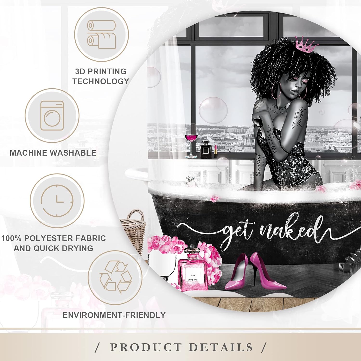 Glawry Cortina de ducha con texto en inglés Get Naked Afro Lady, Get Naked Afroamericana, Afroamericana, romántica escritura, color rosa, tacones
