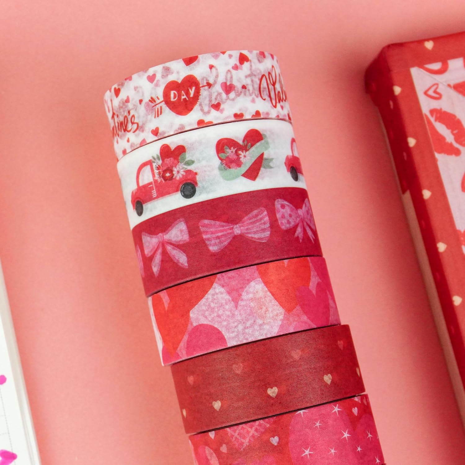 Zo.Yehaa 10 rollos de cinta adhesiva Washi para el día de San Valentín, boda, aniversario, rojo, cinta adhesiva decorativa para diario de viñetas,