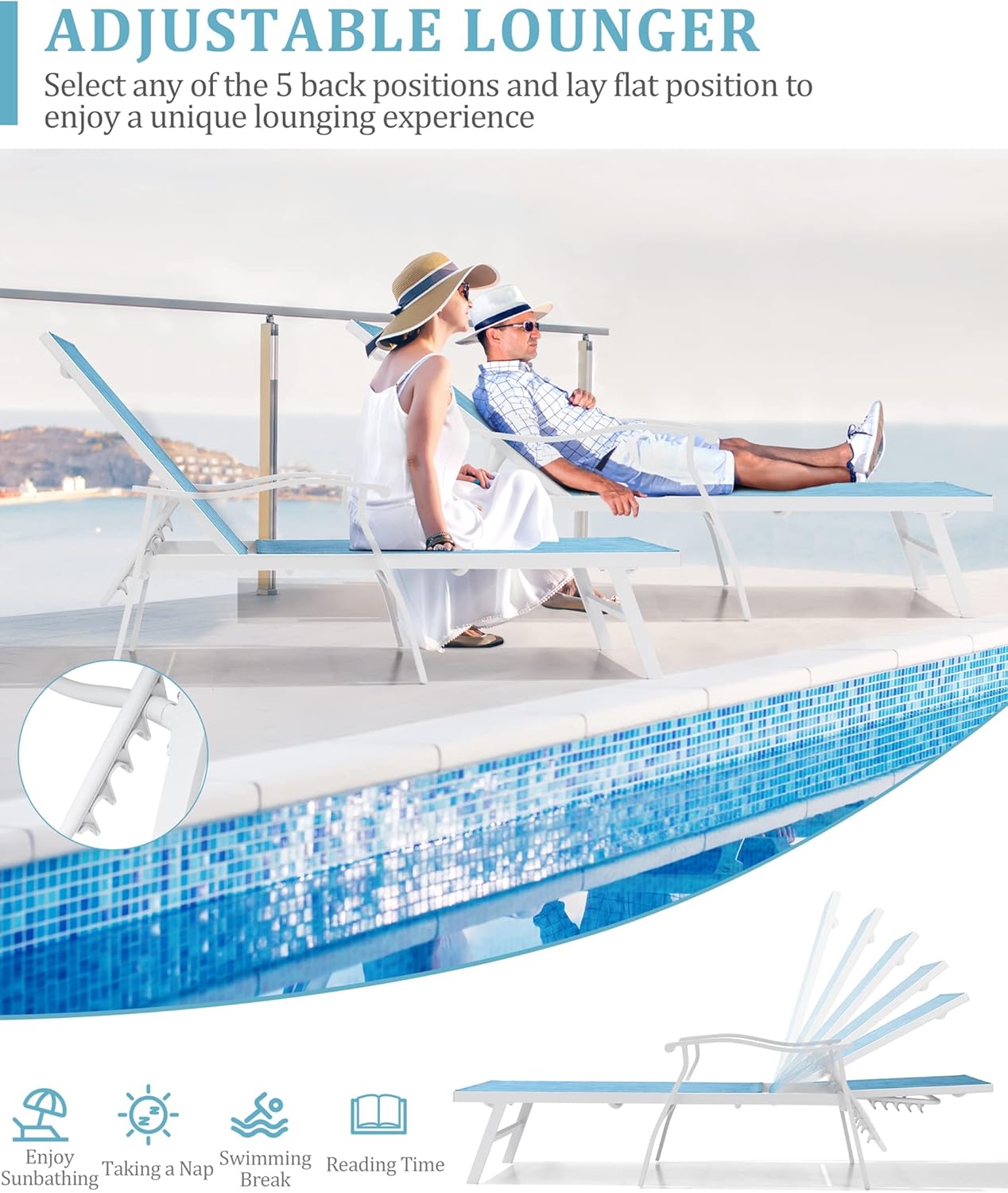 VredHom Juego de 2 sillones para exteriores, tumbonas para patio, 5 posiciones, respaldo ajustable, reclinable, reposabrazos ergonómico, para todo