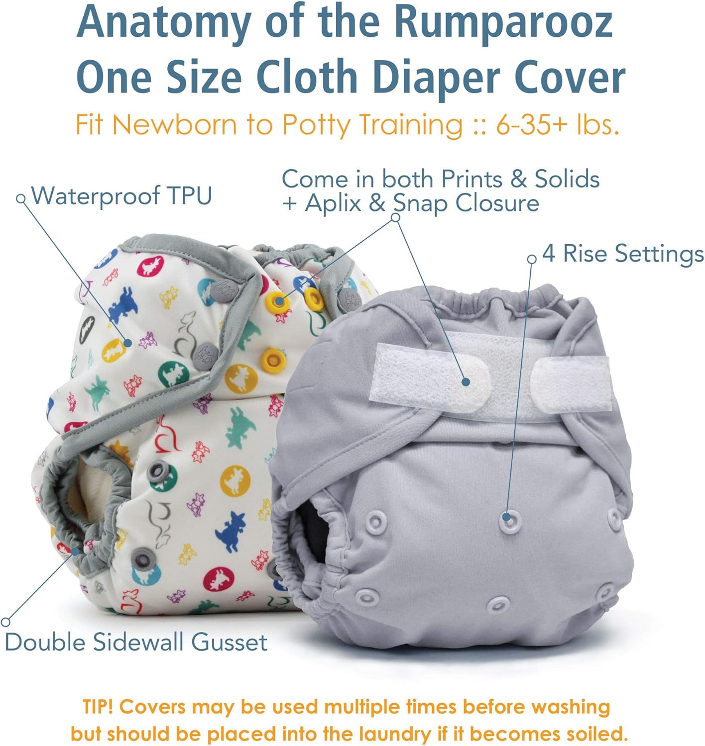 Kanga Care Rumparooz – Fundas de pañales de tela reutilizables, talla única para pañales ajustados y preplegados con doble refuerzo (5 unidades),