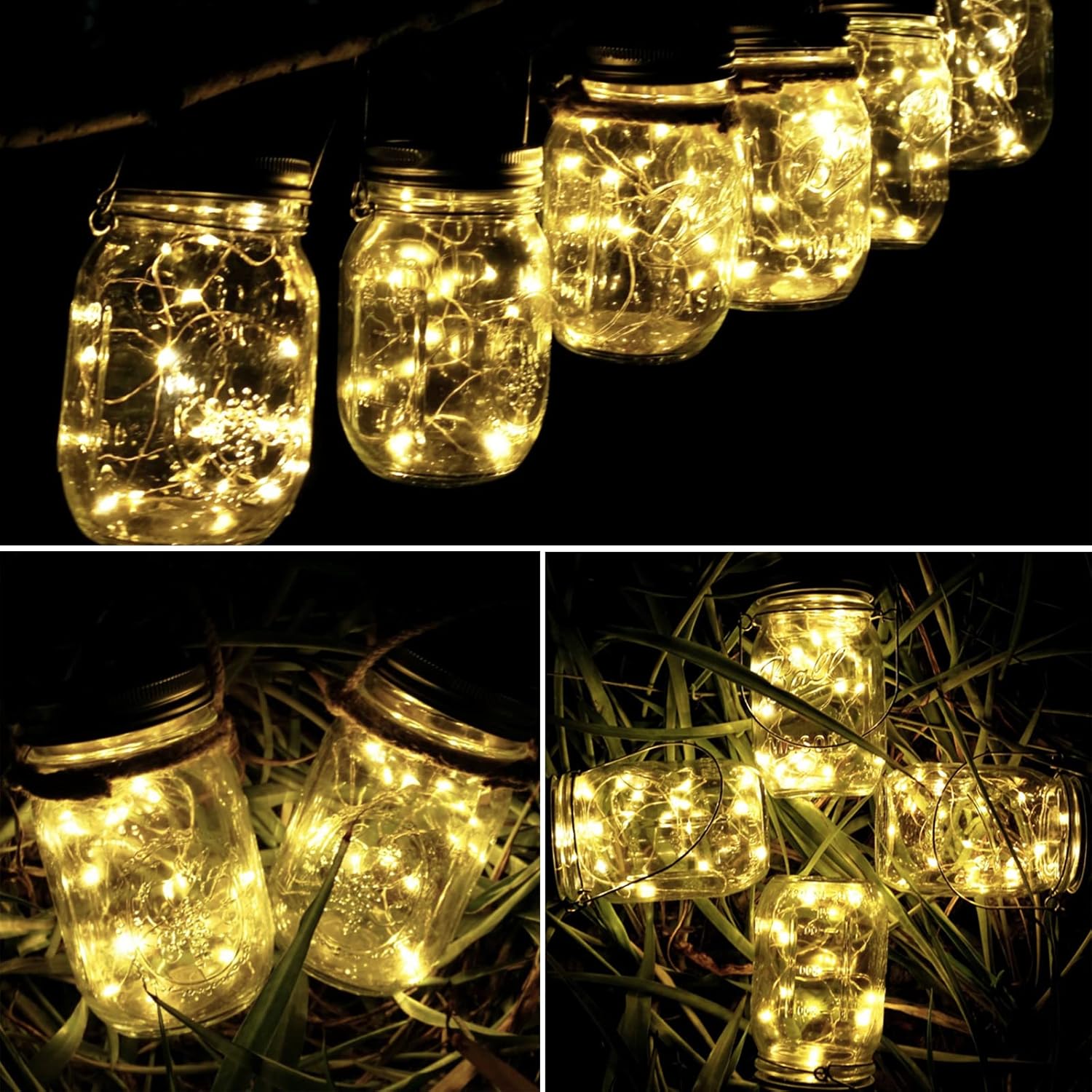 Paquete de 10 luces solares para tarros de masón, 20 luces LED con forma de hada y estrella, con 10 colgadores, resistente al agua y al óxido, para