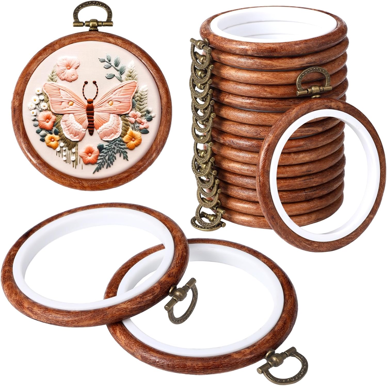 Burbell 15 aros redondos para bordar, anillos de goma, anillos de punto de cruz, marcos de adorno de madera imitada, kits de marcos de exhibición