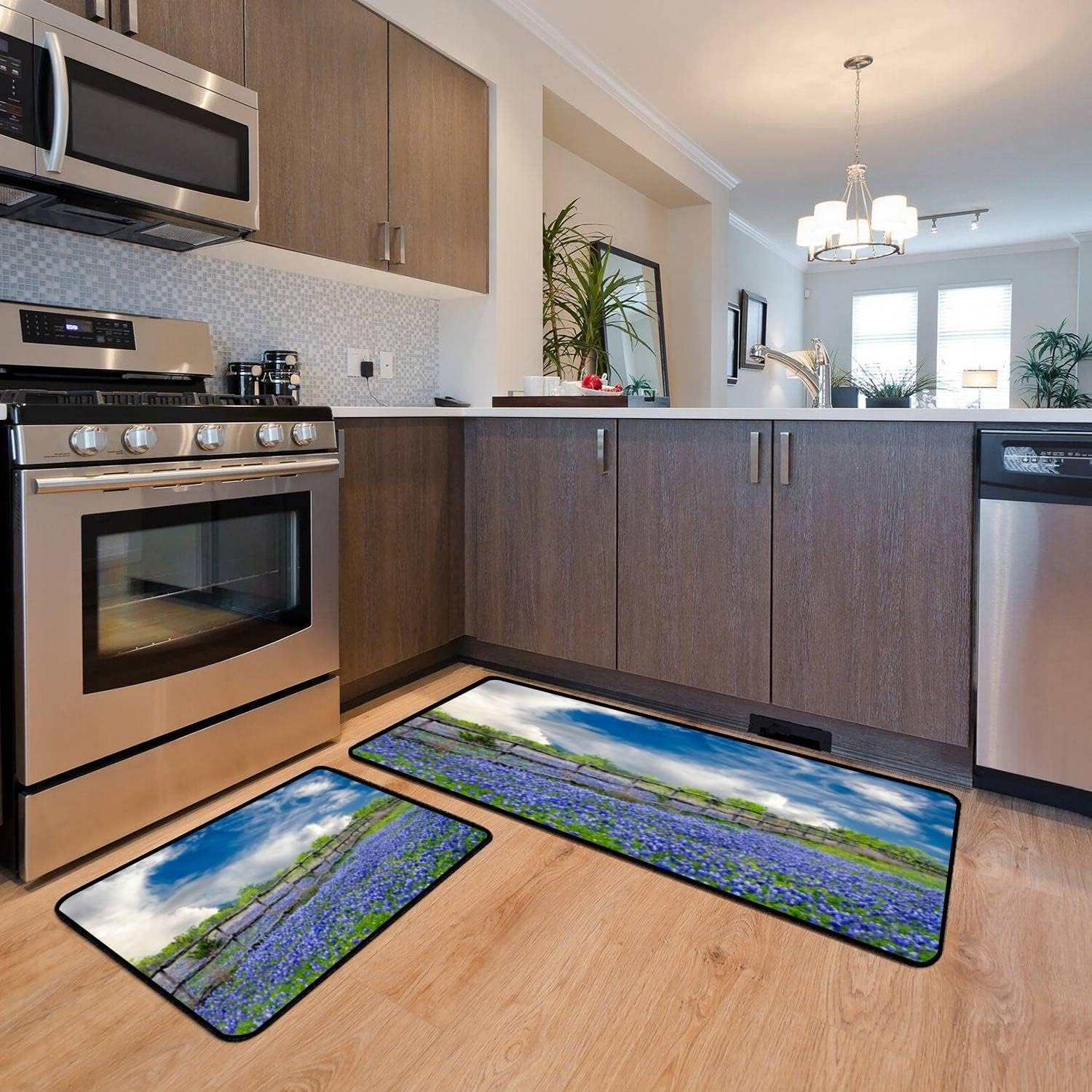 Juego de alfombras de cocina con diseño de nubes sobre Texas Bluebonnets de paisaje natural, tapete de cocina para piso, antideslizante, lavable,