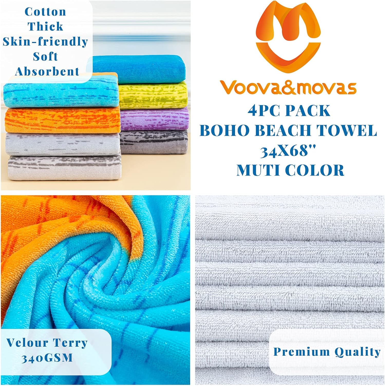 VOOVA & MOVAS Paquete de 4 toallas de playa grandes XL para adultos (34 x 68 pulgadas), toallas de playa de gran tamaño para piscina, toalla de