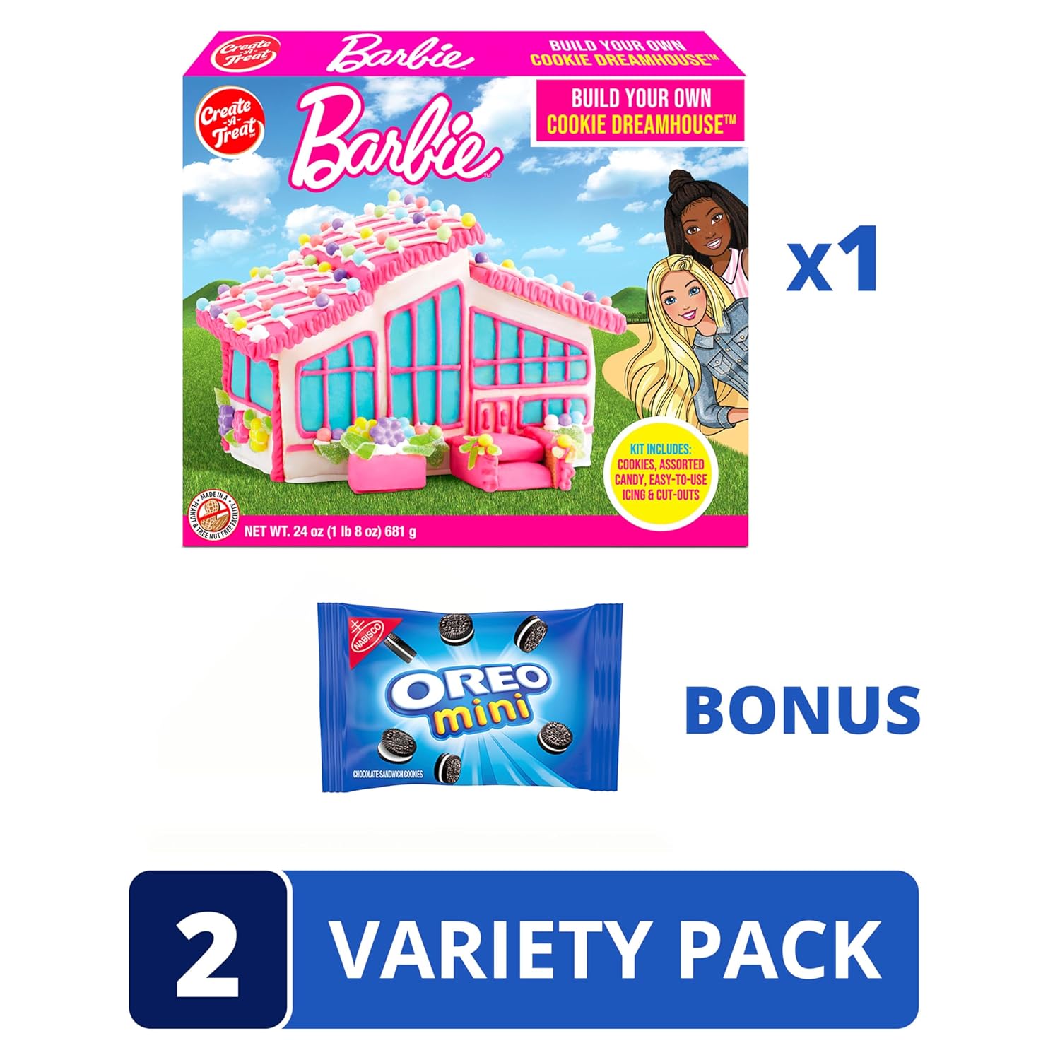 Create-A-Treat Barbie Dreamhouse – Kit de decoración de galletas, 24 onzas + paquete de mini galletas OREO