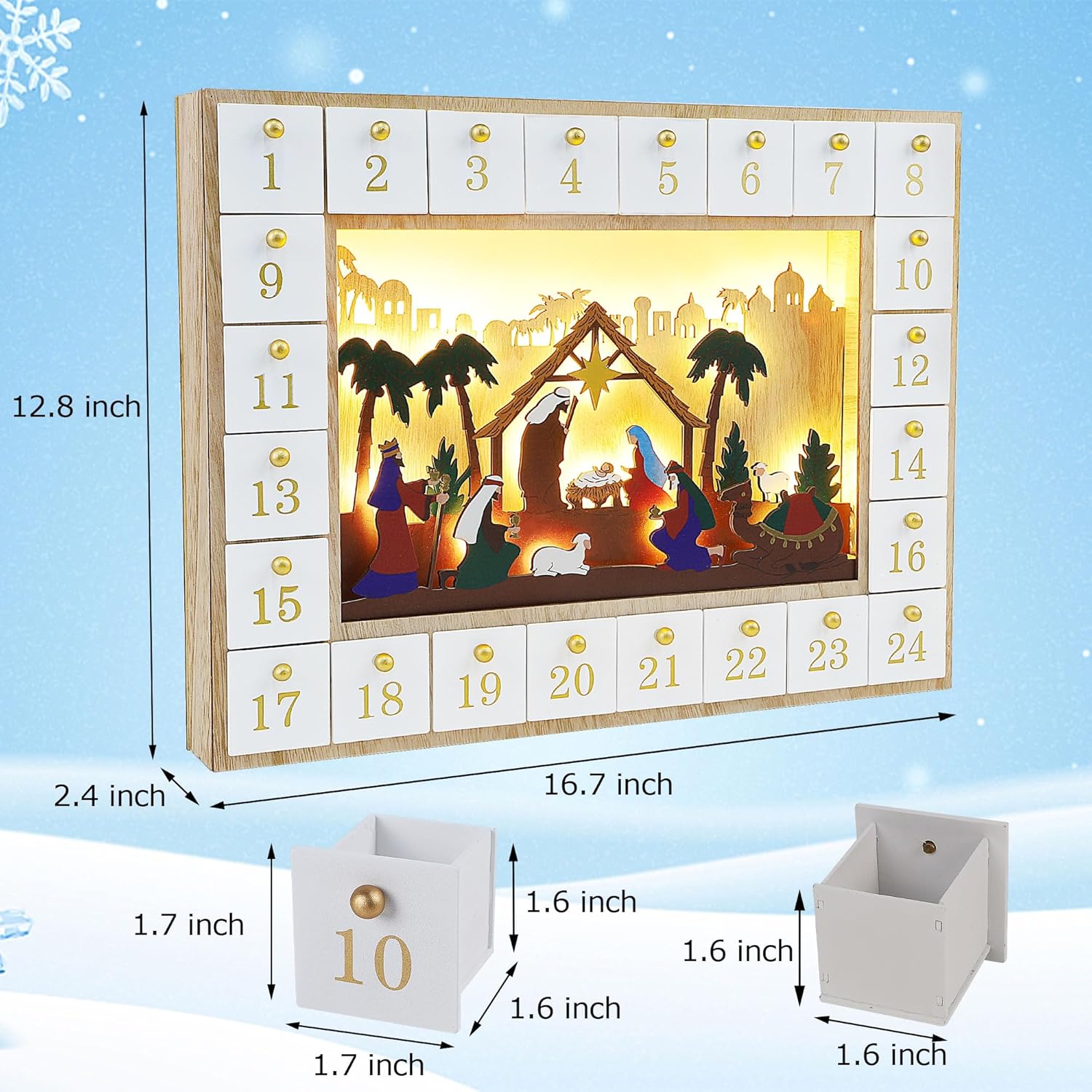 Lulu Home Calendario de Adviento de Navidad, 2023 caja de Adviento con iluminación de belén con cajones, cuenta regresiva de 24 días para Navidad,