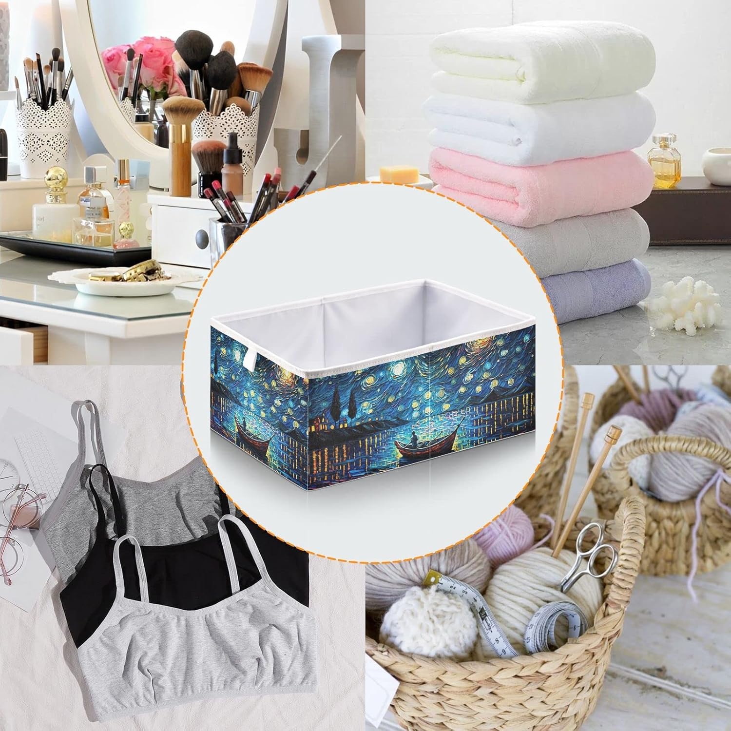Vnurnrn Van Gogh Night Lake – Cubo de almacenamiento plegable, caja de almacenamiento con tabla de soporte, cestas de tela plegables para