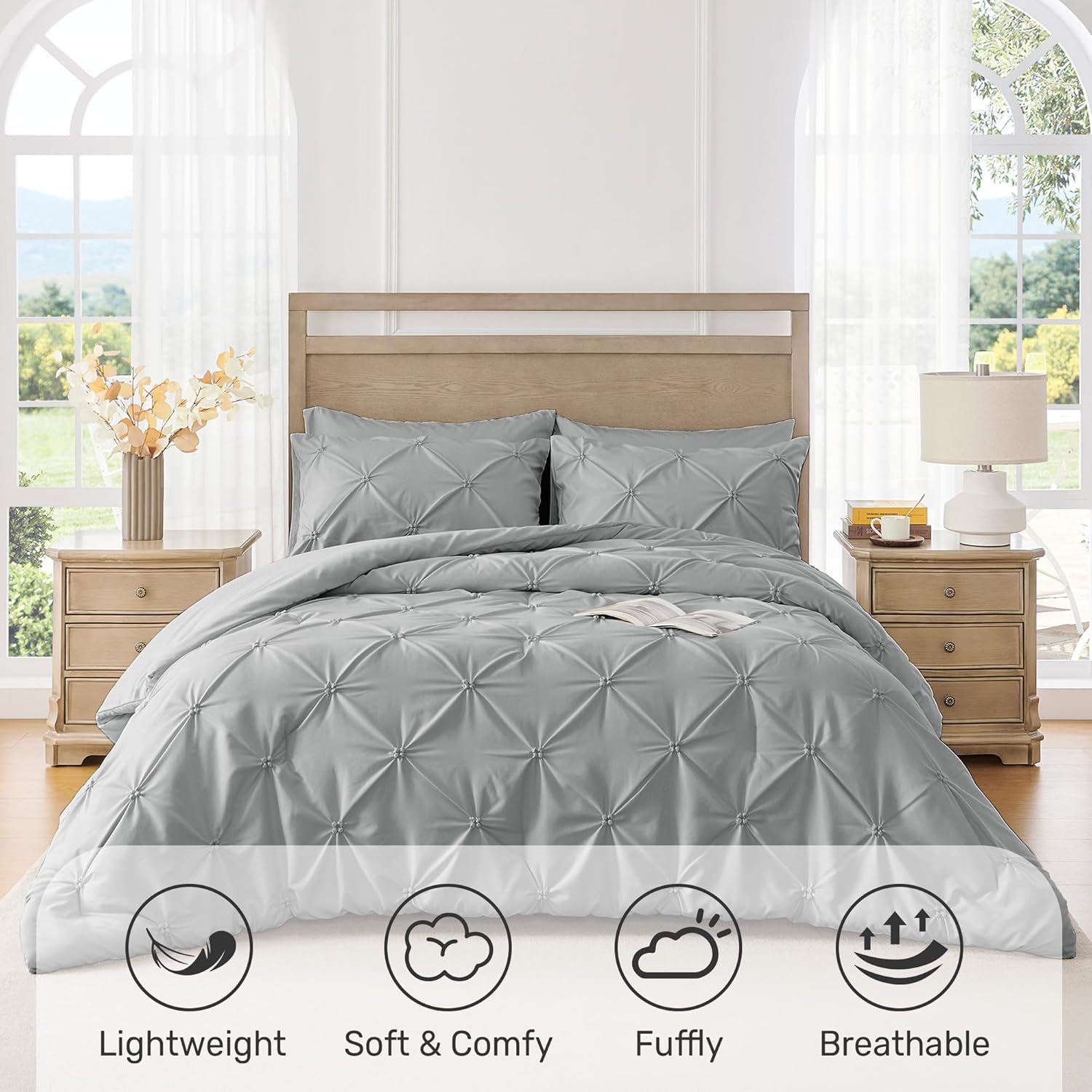 UNIKOME Juego de edredón tamaño King, color gris, juego de edredón de 3 piezas suave y esponjoso de lujo para todas las estaciones, juego de cama