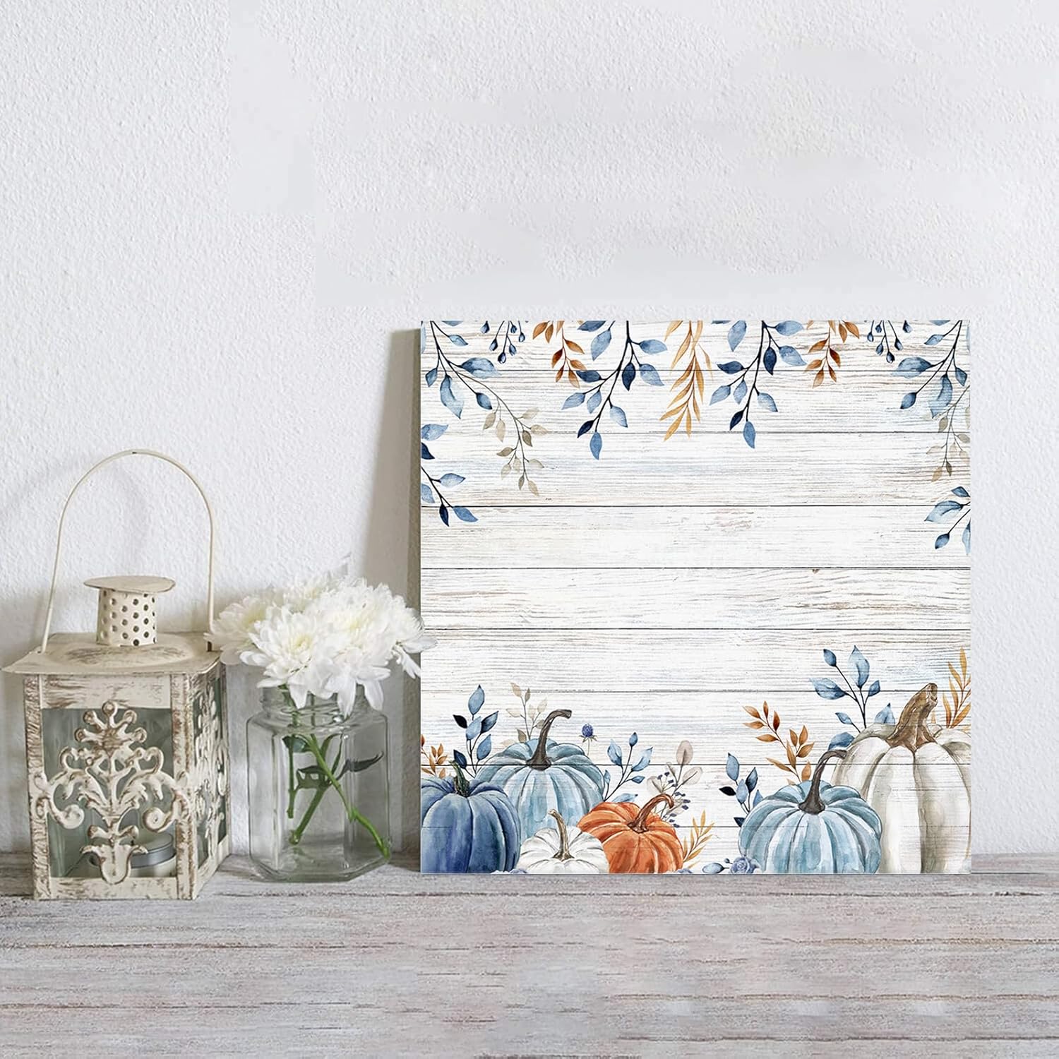 Lienzo decorativo para pared con diseño de calabaza otoñal, diseño de calabazas de color azul, blanco y naranja degradado, grano de madera rústica,
