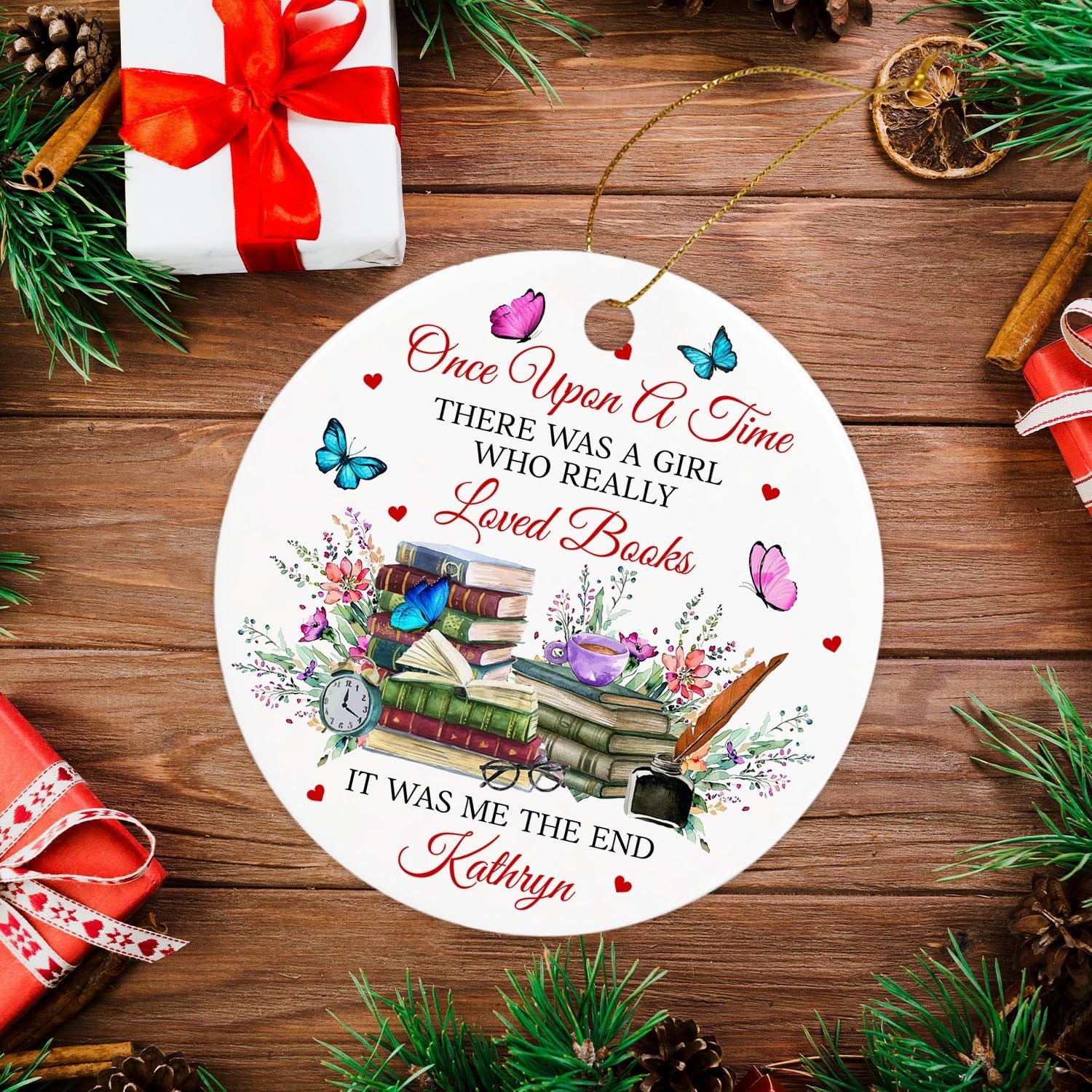 Adorno de libro floral para regalos de Navidad para niñasmujeres, con texto en inglés “There was a girl who really Loved Books”, adorno de recuerdo