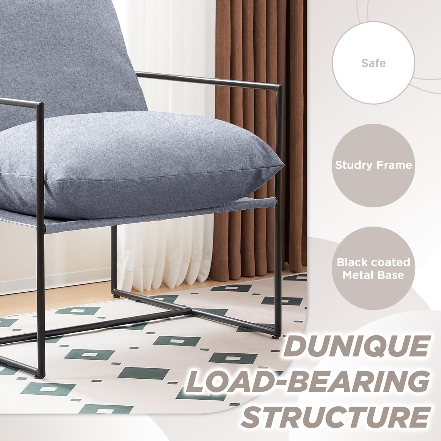 Silla decorativa moderna de mediados de siglo, sillón de acero, silla de tela para sala de estar, dormitorio, oficina en casa en tapicería de